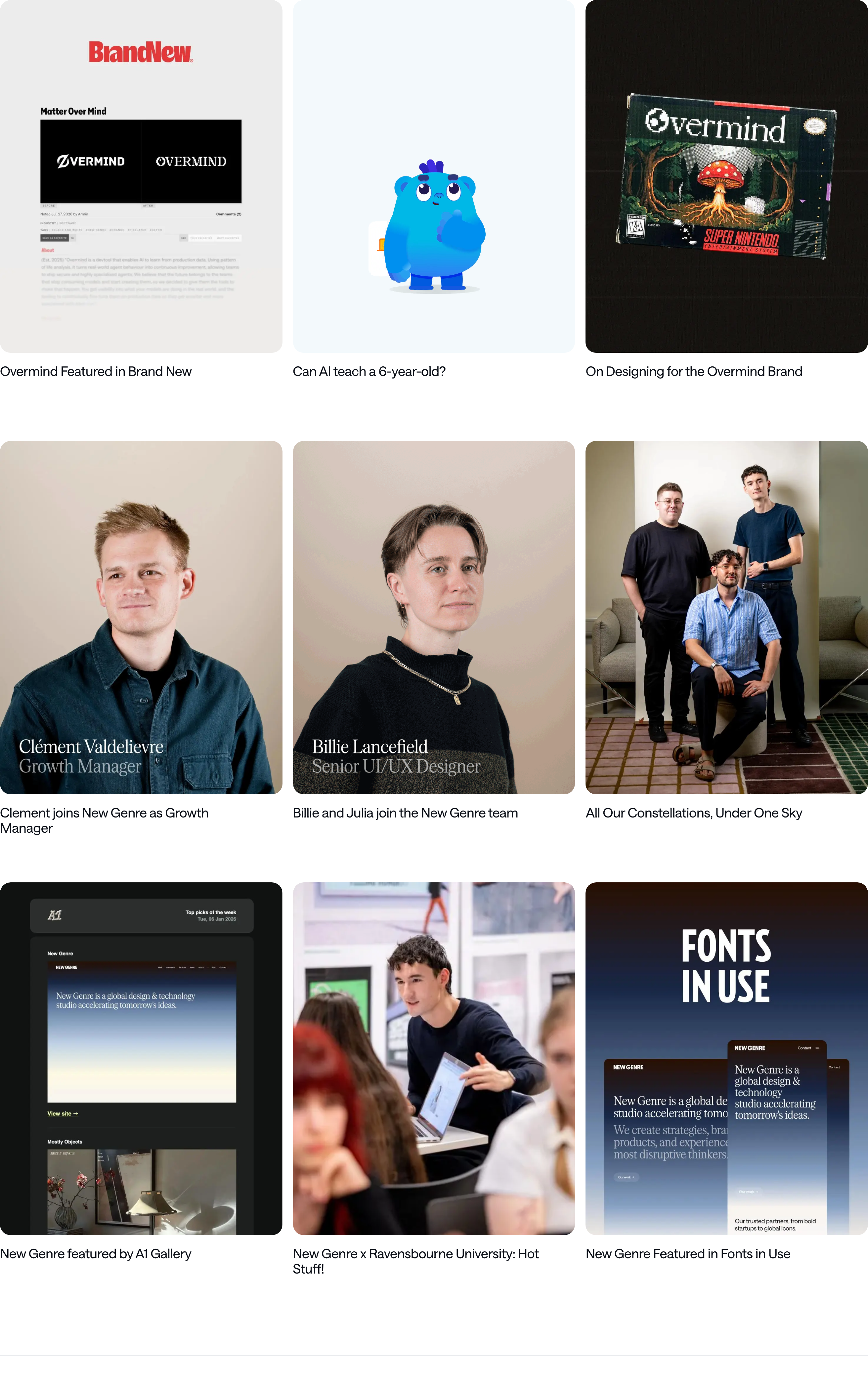 A clean studio journal grid showcasing press features, team arrivals, and creative projects through rounded visual cards.