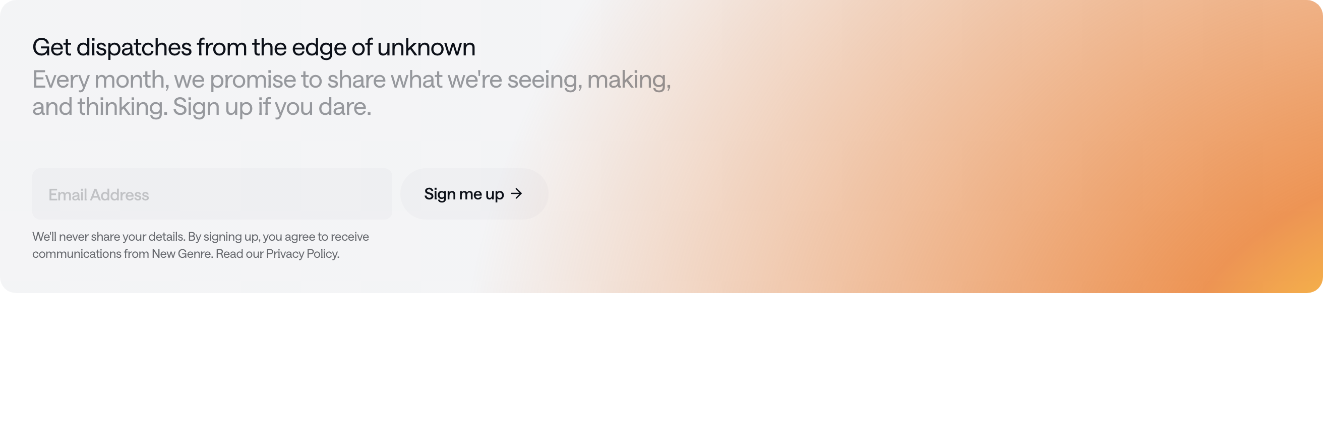 A gentle, airy newsletter signup banner washed in a soft peach gradient with clean left-aligned typography.