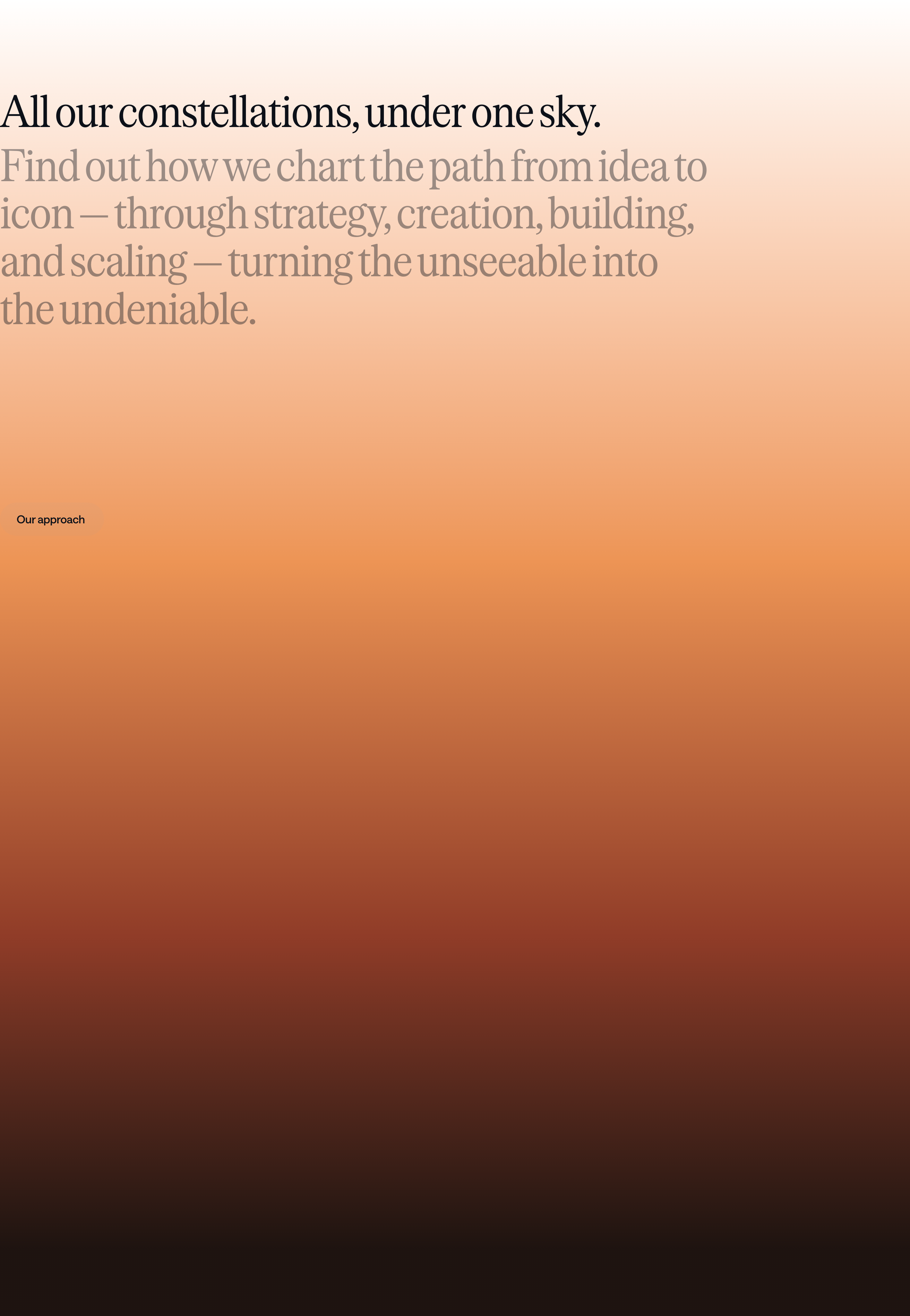 A warm atmospheric statement section with expressive serif typography fading into an expansive dusk-toned gradient field.