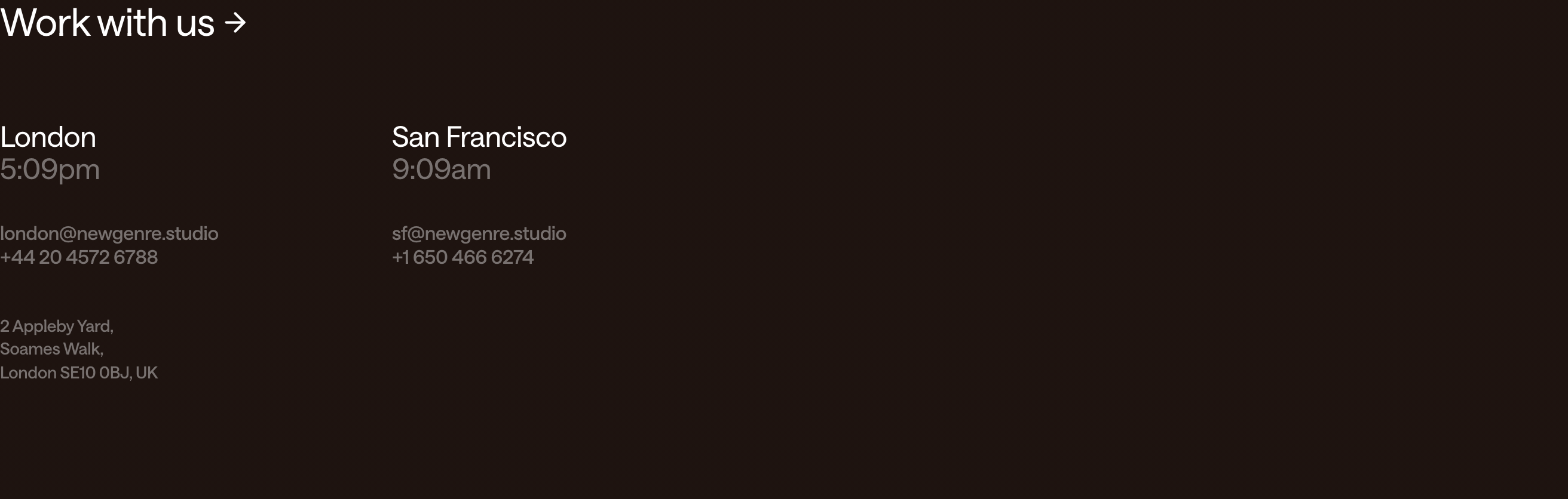 Austere dark contact footer with live city clocks, left-aligned typography, and an expansive quiet negative space.