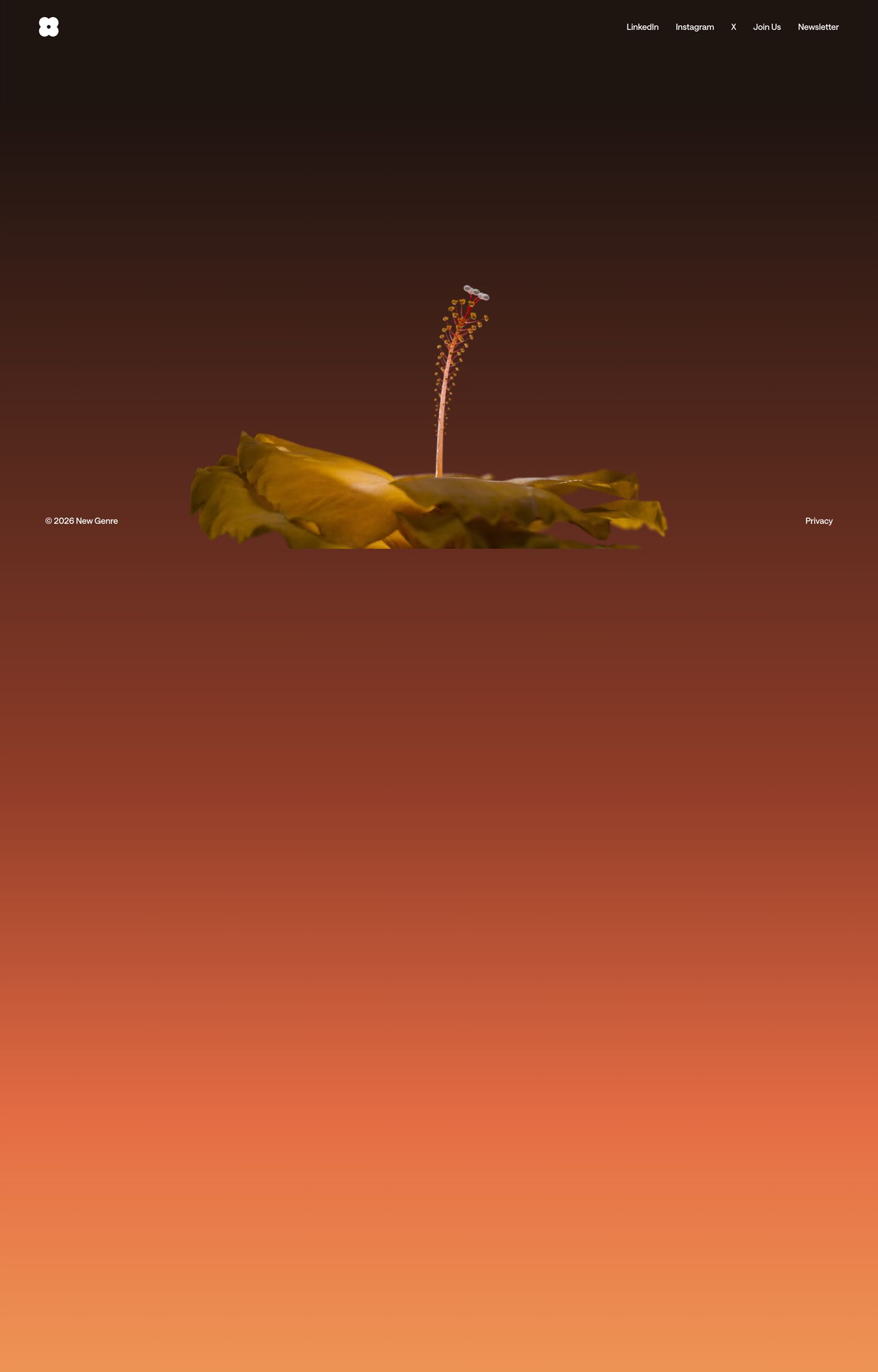 Atmospheric and deeply spacious footer bathed in an amber twilight gradient with a solitary flower centered amidst minimal utility links.
