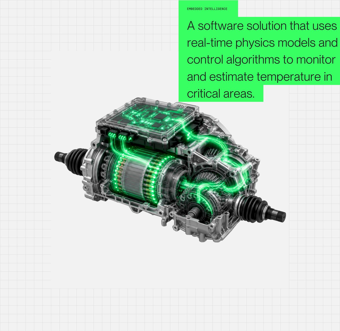 High-precision engineering feature section pairing an intricate cutaway motor render with a sharp fluorescent green technical callout block on grid paper.