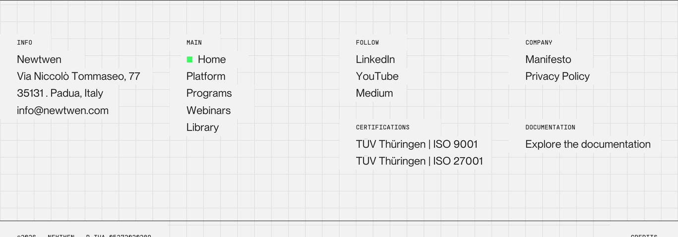A precise, technical footer structured across neat columns over a faint drafting grid background.