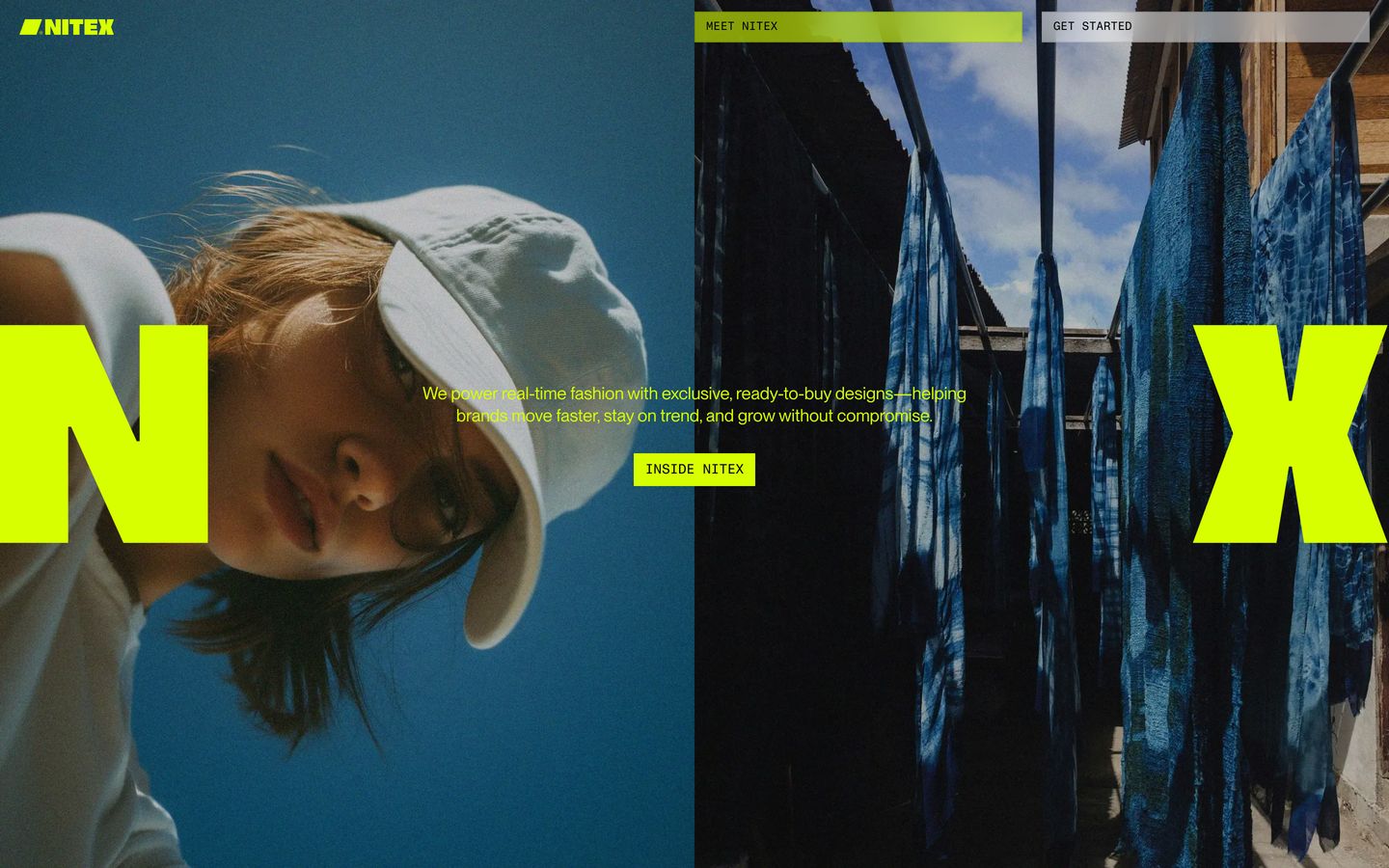 Electric fashion hero framing cinematic split photography between oversized neon letterforms and high-contrast minimal navigation.