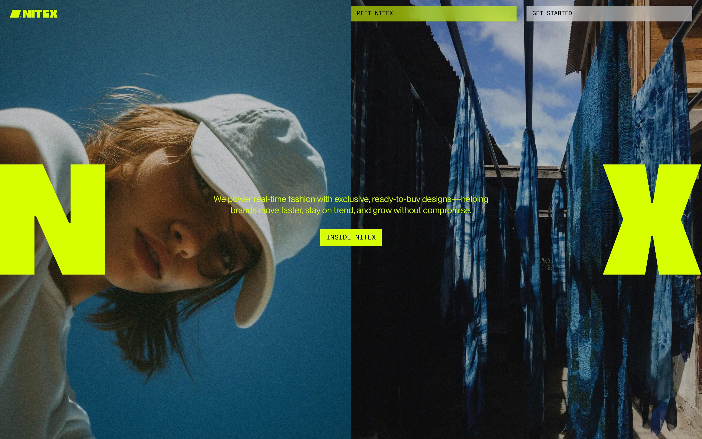 Electric fashion hero framing cinematic split photography between oversized neon letterforms and high-contrast minimal navigation.