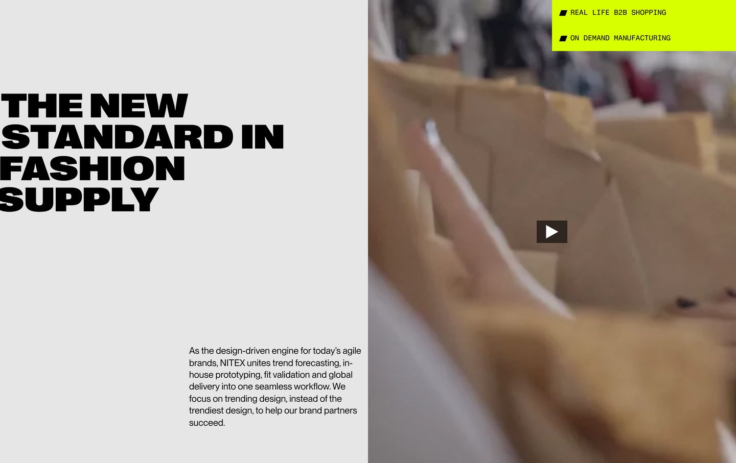 High-contrast split layout combining massive black sans-serif typography on cool grey with video imagery and acid-yellow utility tags.
