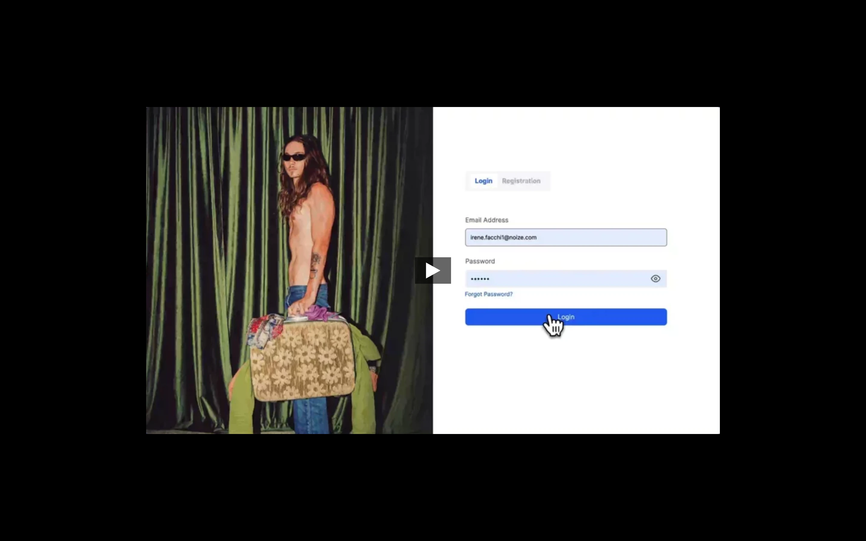An embedded media showcase contrasting grainy retro fashion photography with a minimalist login interface.