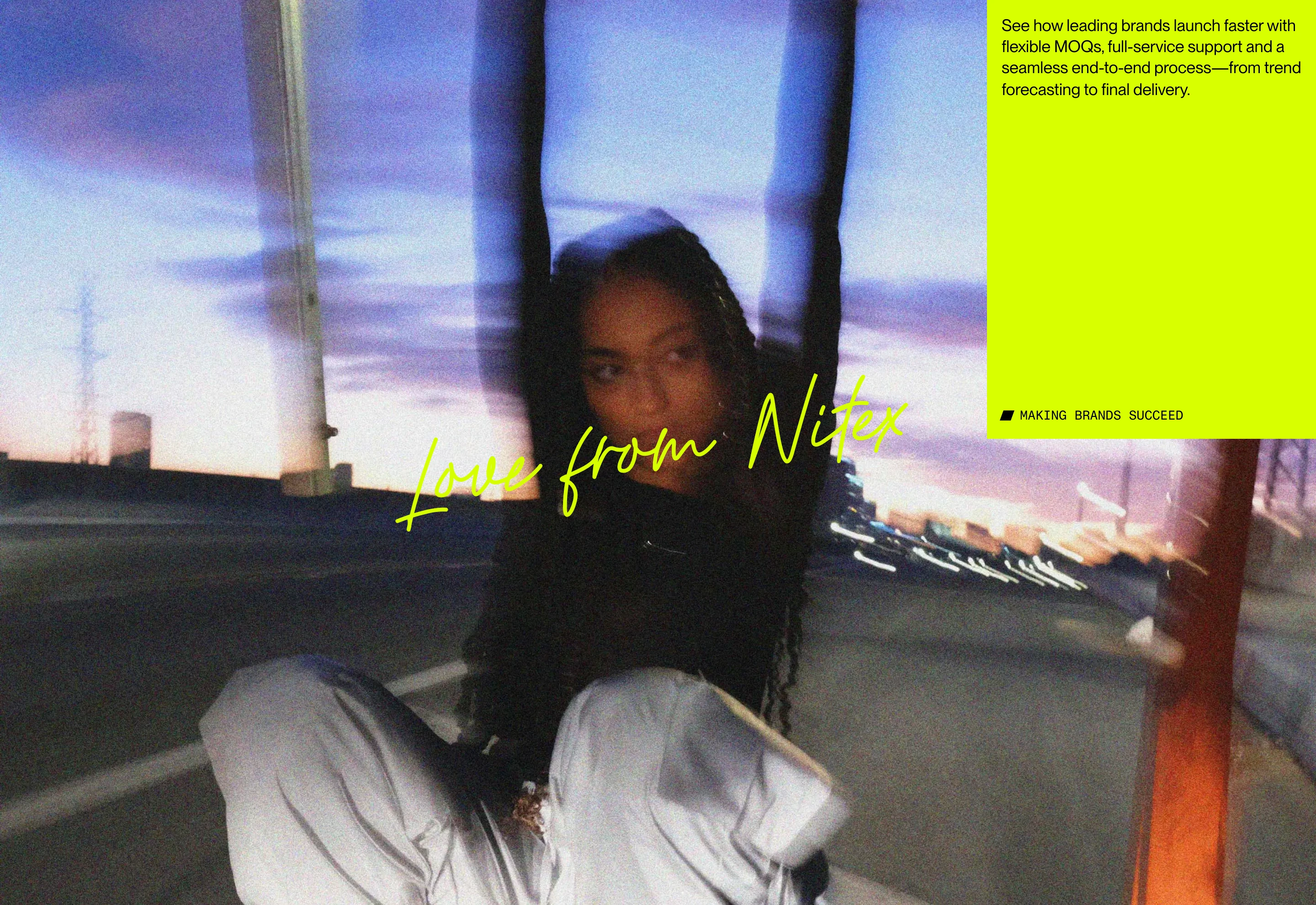 Edgy streetwear-inspired editorial visual pairing motion-blurred night photography and neon script with a high-contrast chartreuse text module.