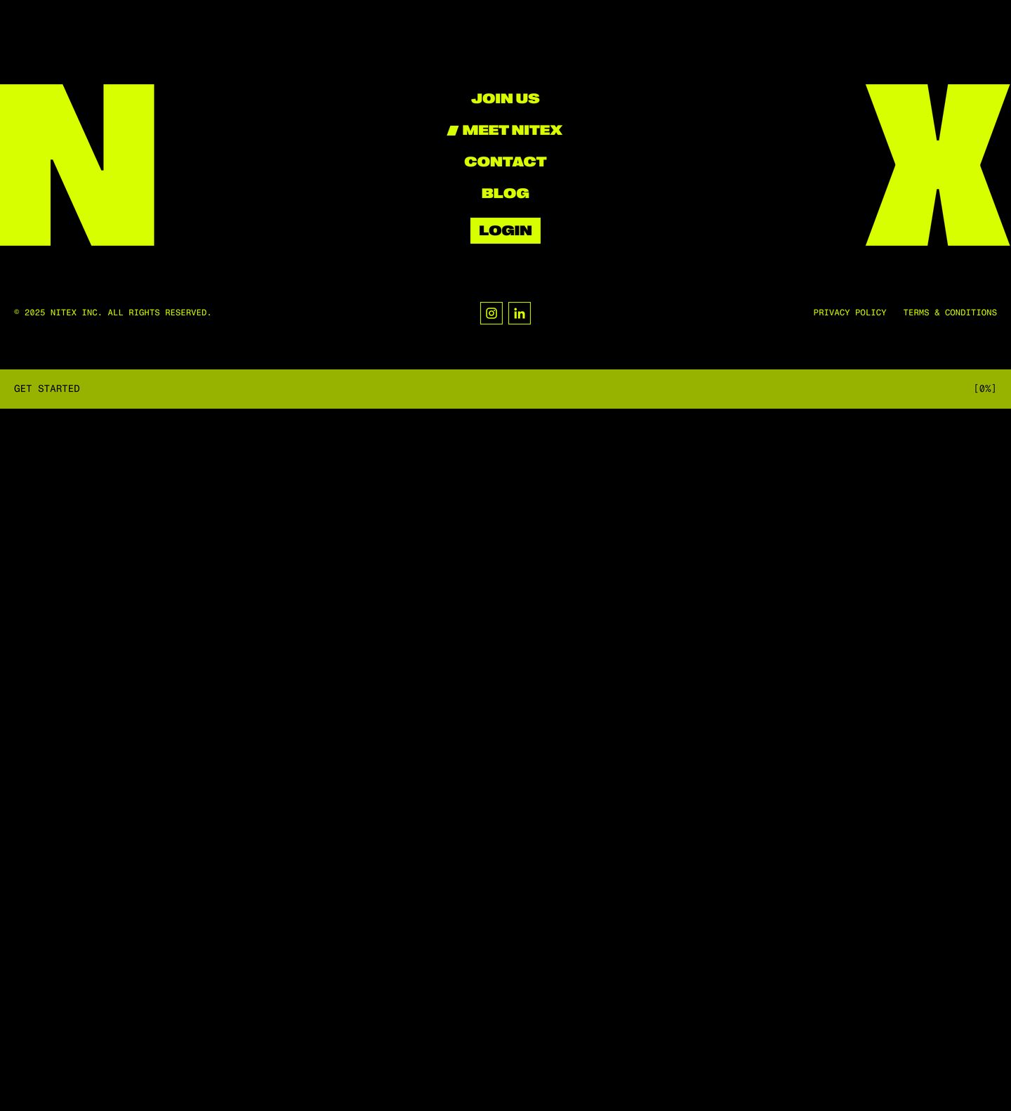 Hyper-bold brutalist footer framing centered navigation links with massive neon yellow boundary letterforms against pure black.