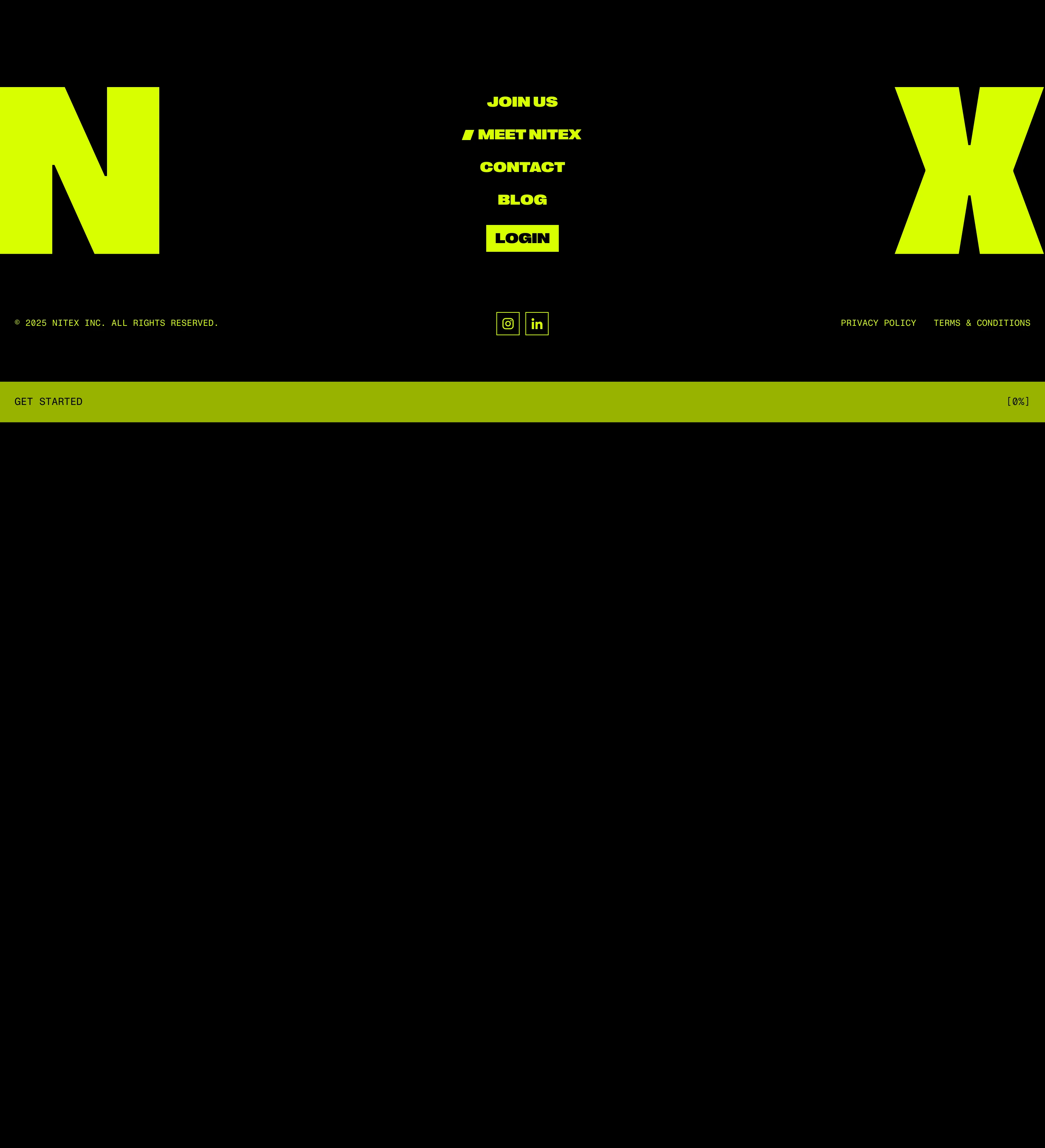 Hyper-bold brutalist footer framing centered navigation links with massive neon yellow boundary letterforms against pure black.