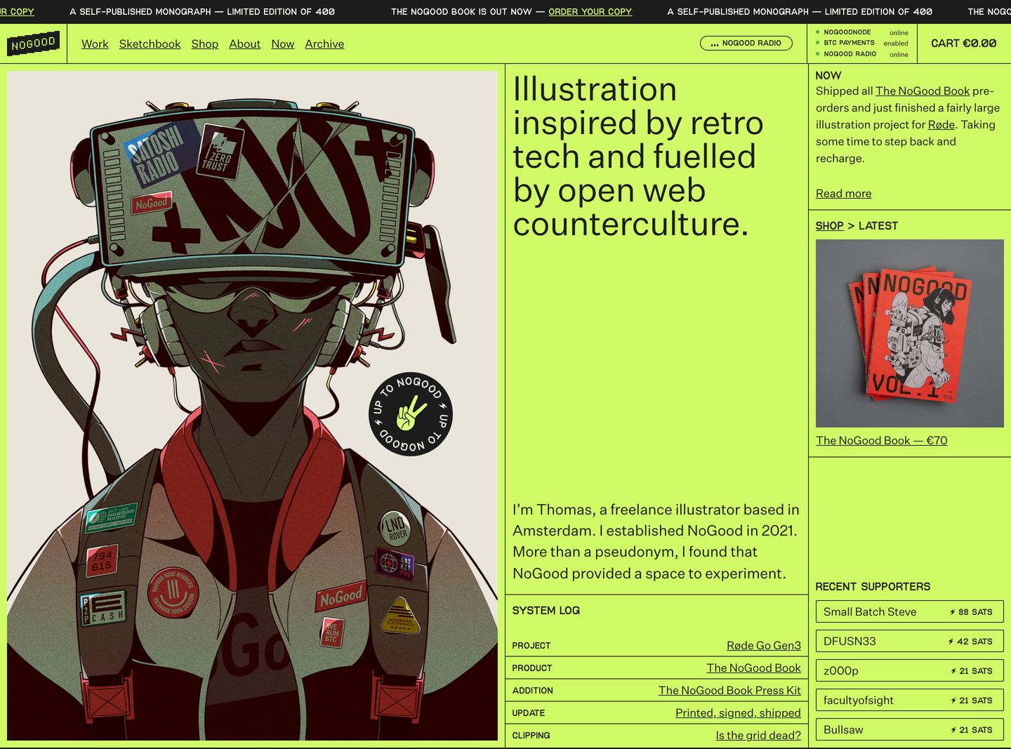 An electric-lime cyberpunk terminal layout marrying dense modular data tables and system logs with striking retro-futuristic character illustration.