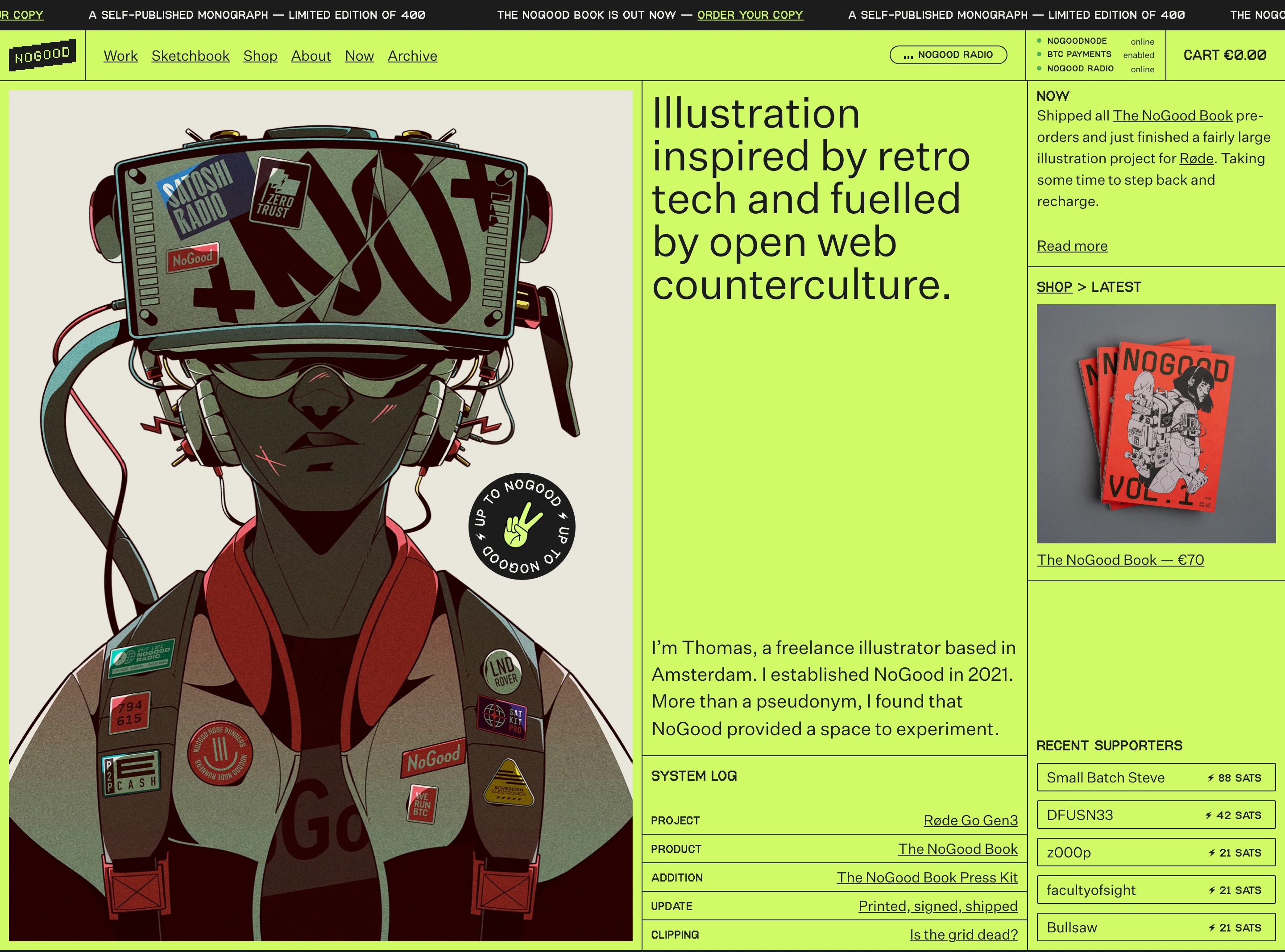 An electric-lime cyberpunk terminal layout marrying dense modular data tables and system logs with striking retro-futuristic character illustration.