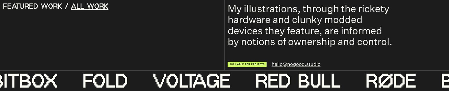 A stark dark portfolio header pairing clean modernist typography with pixelated client logos and an electric lime availability badge.