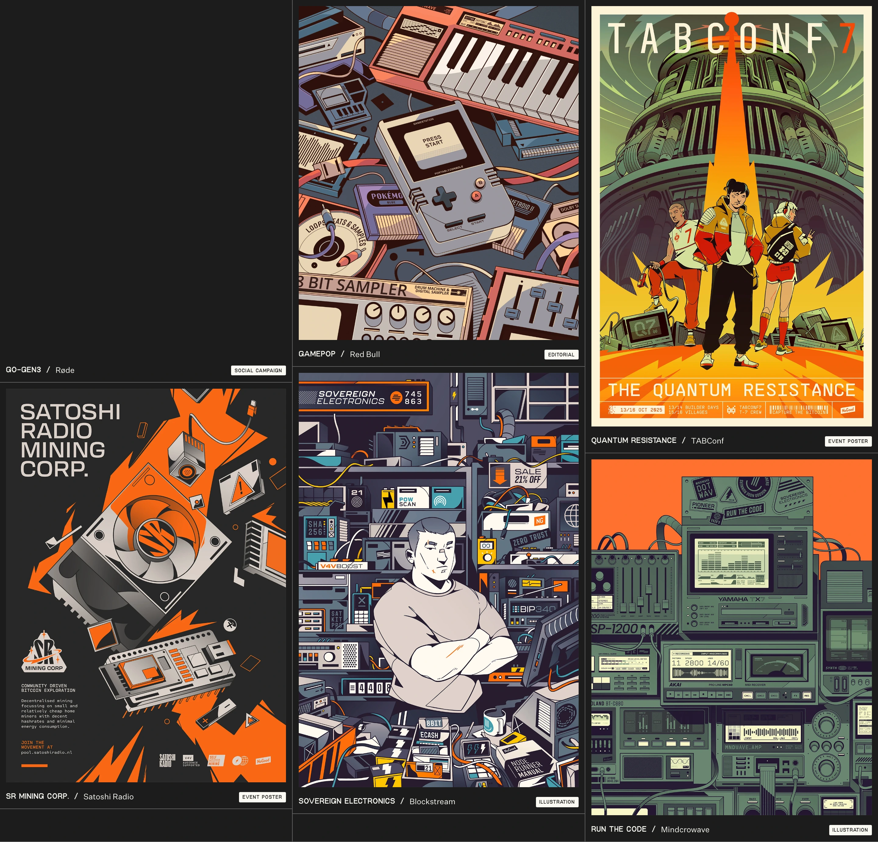 A dense dark grid showcasing vivid retro-futuristic illustrations and poster art framed with minimal technical tags.