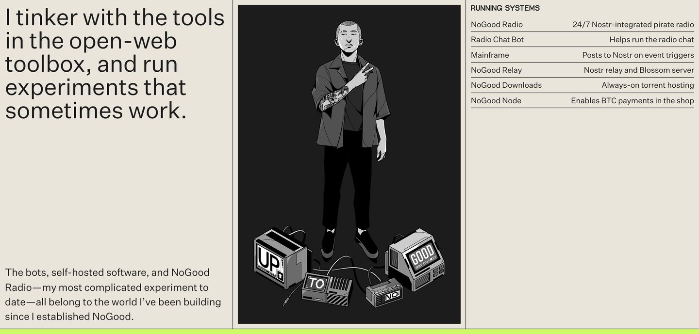 An indie hacker's triptych portfolio section balancing large personal statements, central monochrome character art, and an engineered tabular status log.
