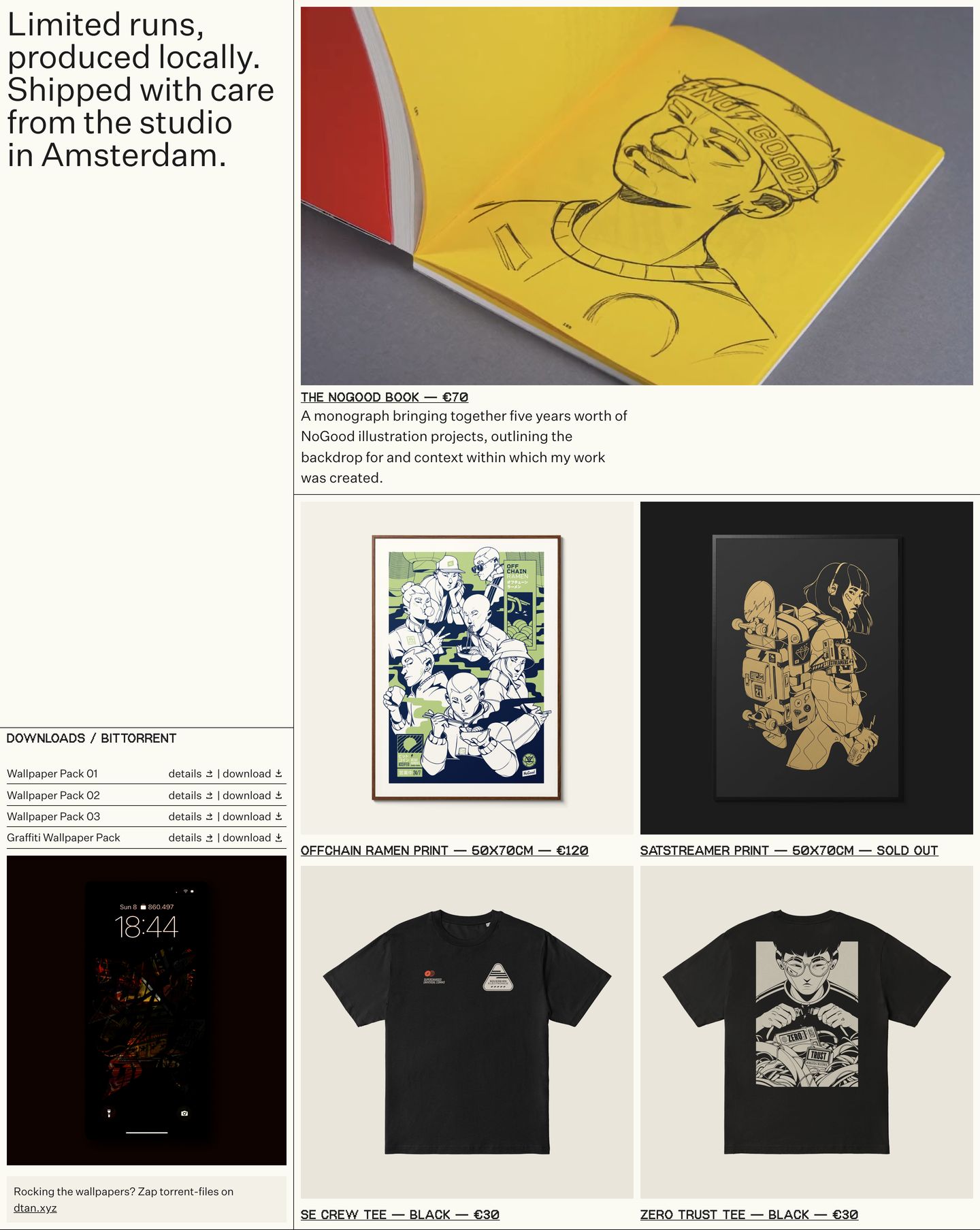Tactile editorial studio shop balancing modular merchandise photography with raw digital downloads along crisp dividing rules.