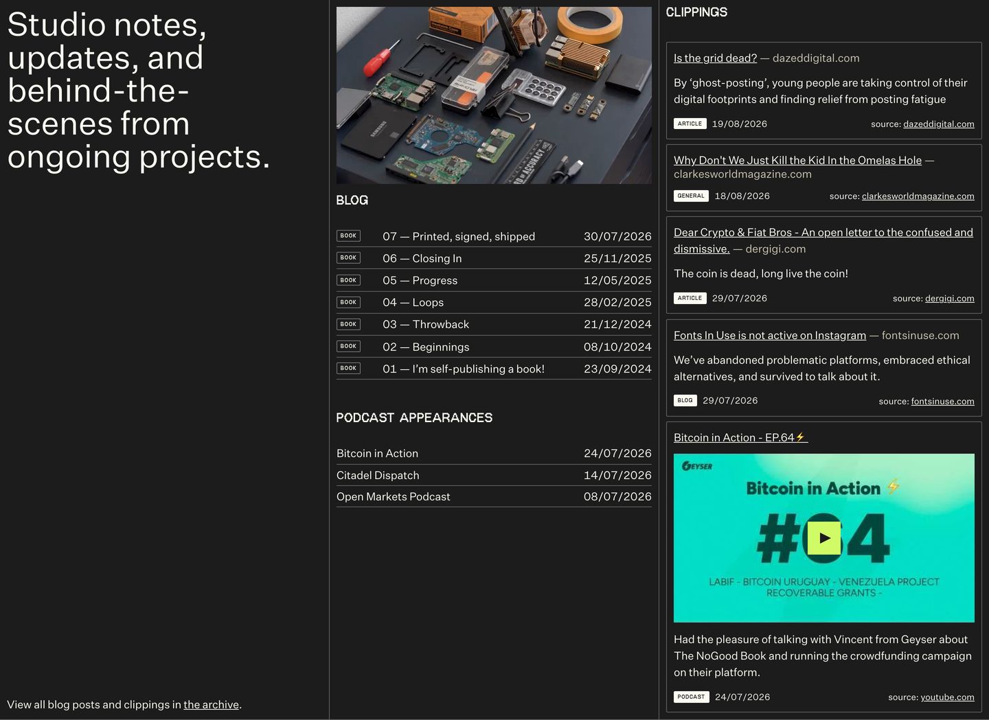 A structured dark-mode studio index organized like a personal digital workspace with logs, clippings, and technical documentation.