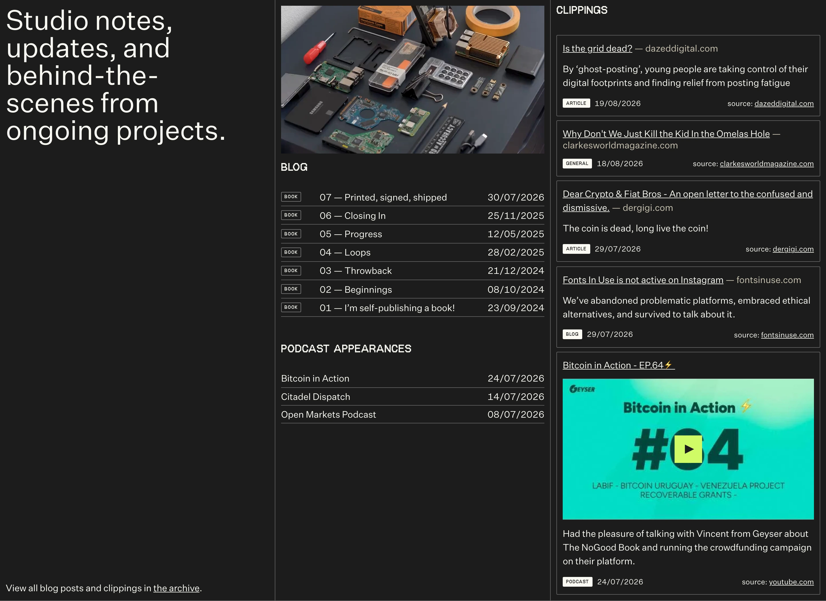 A structured dark-mode studio index organized like a personal digital workspace with logs, clippings, and technical documentation.