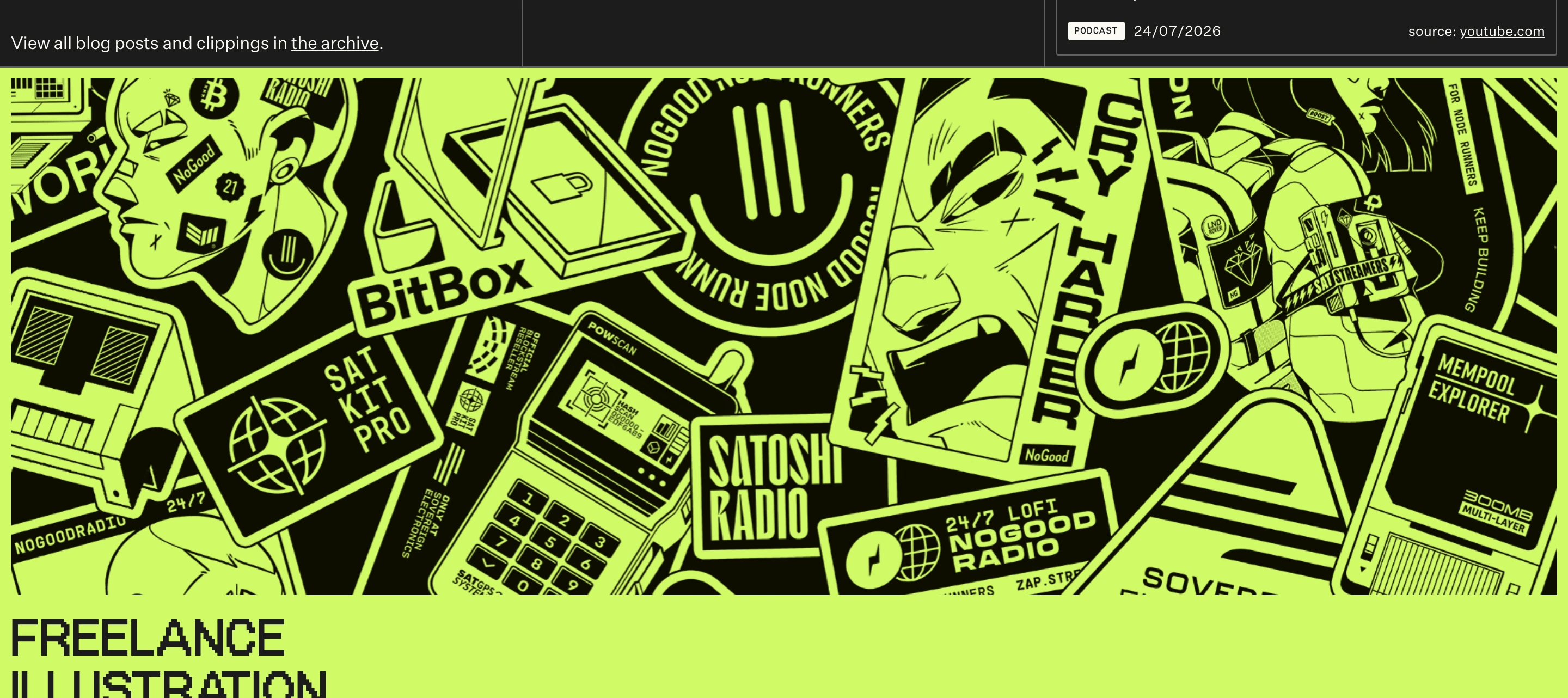 Chaotic sticker-bomb illustration collage in high-contrast neon green and black exuding raw streetwear and crypto culture energy.