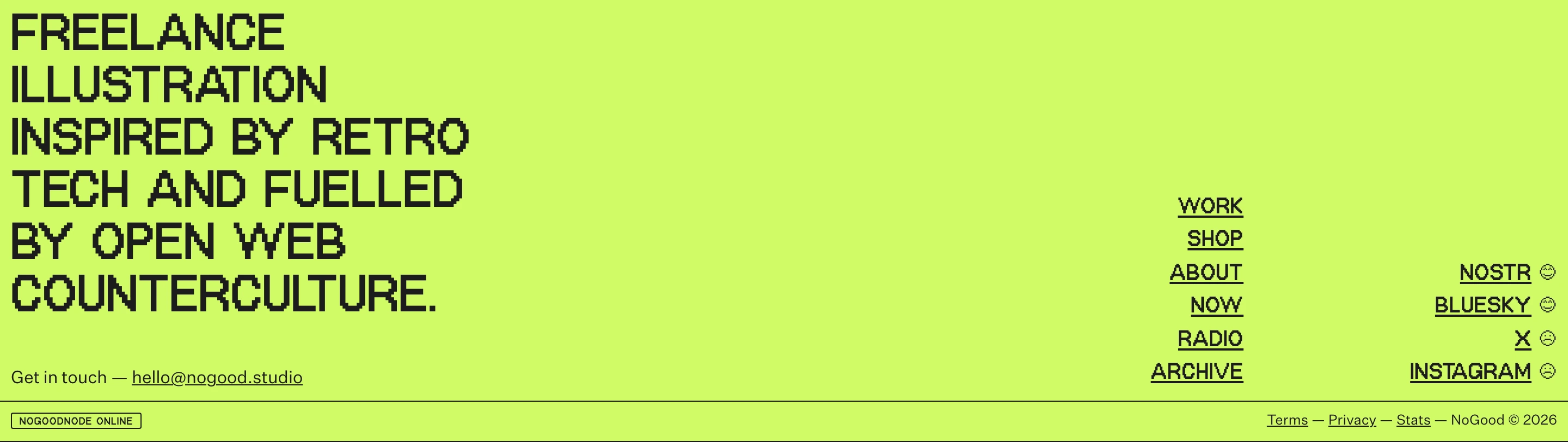 Electric lime brutalist footer combining bold pixel typography with an open-web aesthetic and minimalist navigational links.