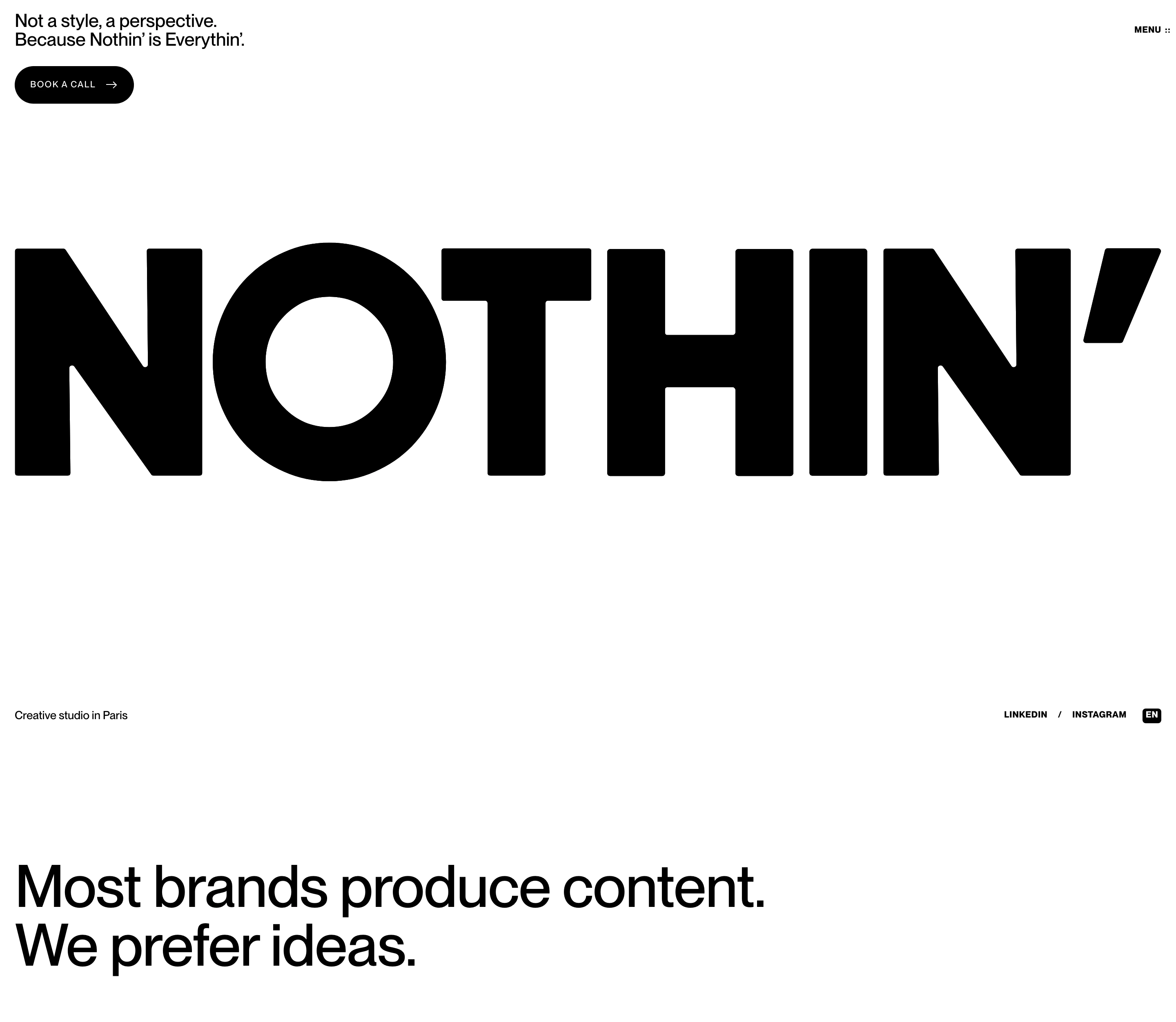 Stark monochromatic agency hero dominated by a massive, edge-to-edge wordmark that asserts extreme confidence and Swiss typographic precision.