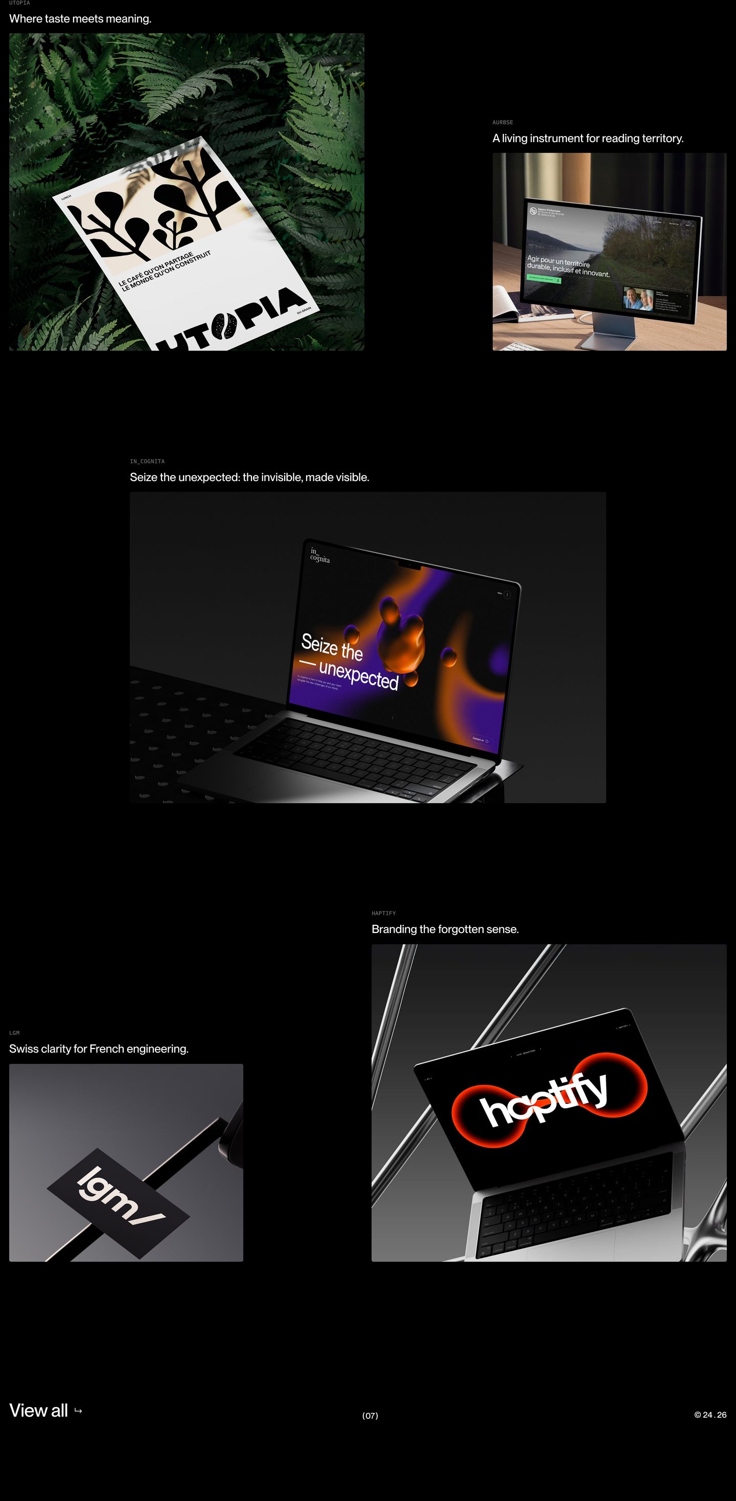 Stark, dark-mode portfolio gallery featuring staggered case study mockups framed by subtle typography and deep black negative space.