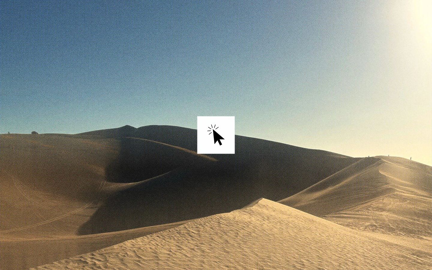 A sun-drenched desert landscape dominated by a minimal central interactive click prompt.