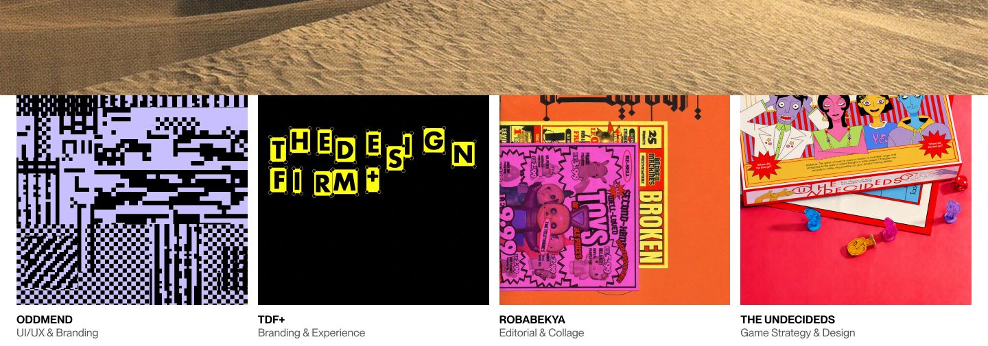 Clean four-column portfolio grid displaying eclectic graphic design and branding case studies with concise labels.