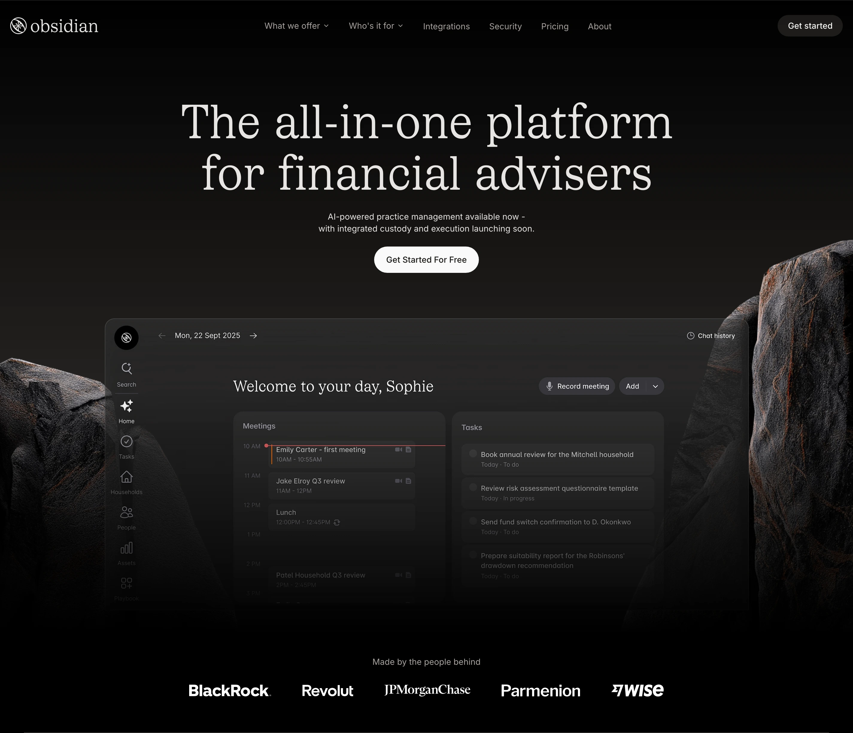 A dark, monolithic financial dashboard showcase framed by textured stone formations and elegant serif typography.