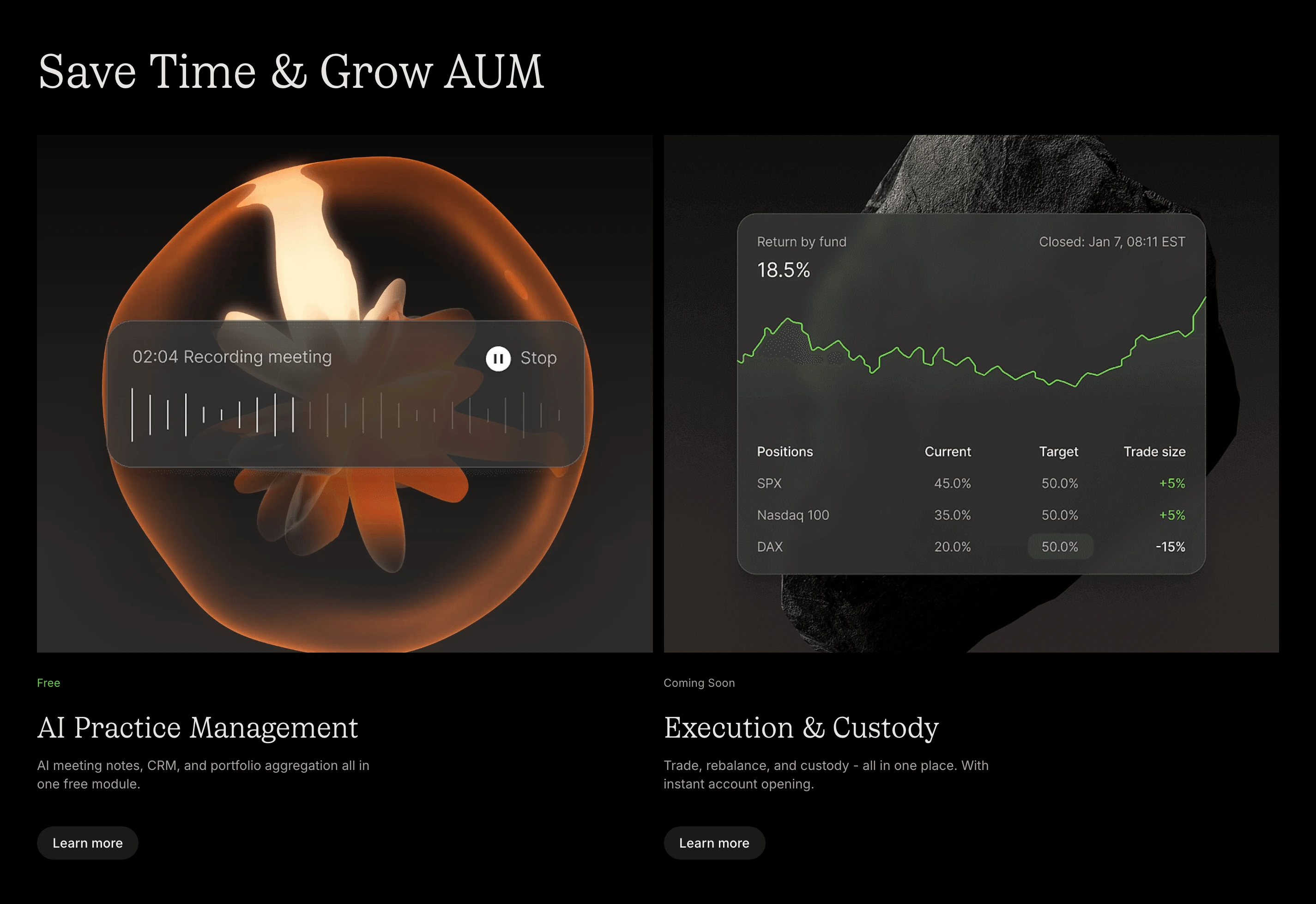 Dark fintech feature grid pairing tactile 3D glass forms and financial UI overlays with refined serif headlines.