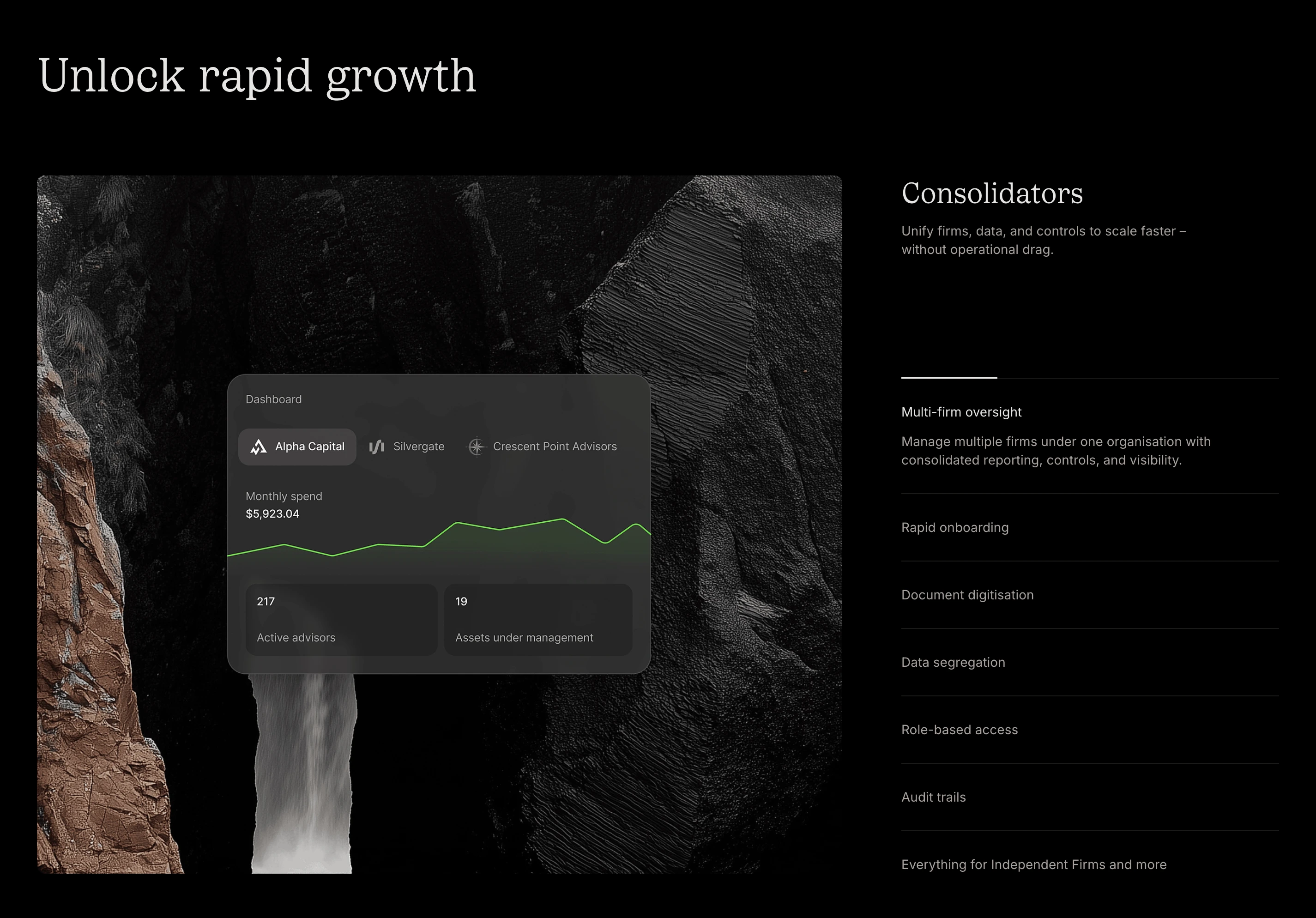 A dark, sophisticated product showcase blending raw organic rock textures with a floating UI dashboard and refined editorial serif typography.