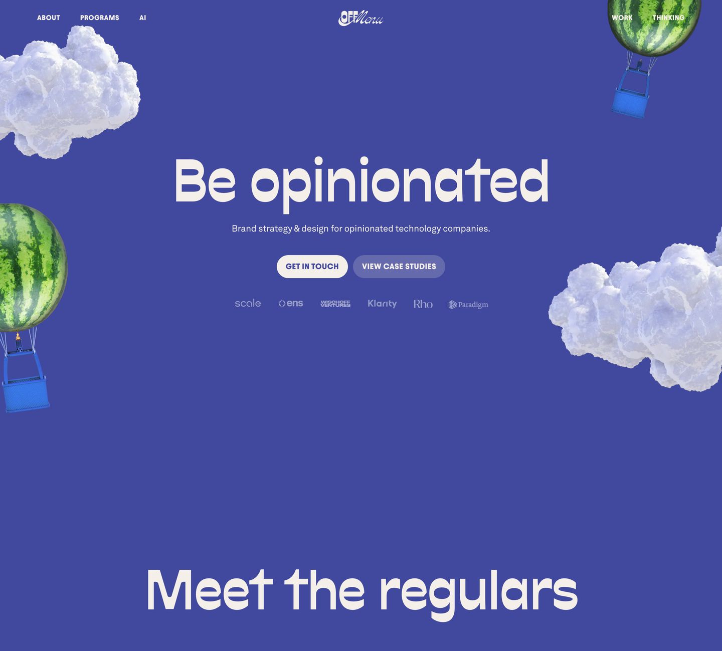 Whimsical periwinkle hero with surreal 3D watermelon hot-air balloons and fluffy clouds floating around clean, centered typography.