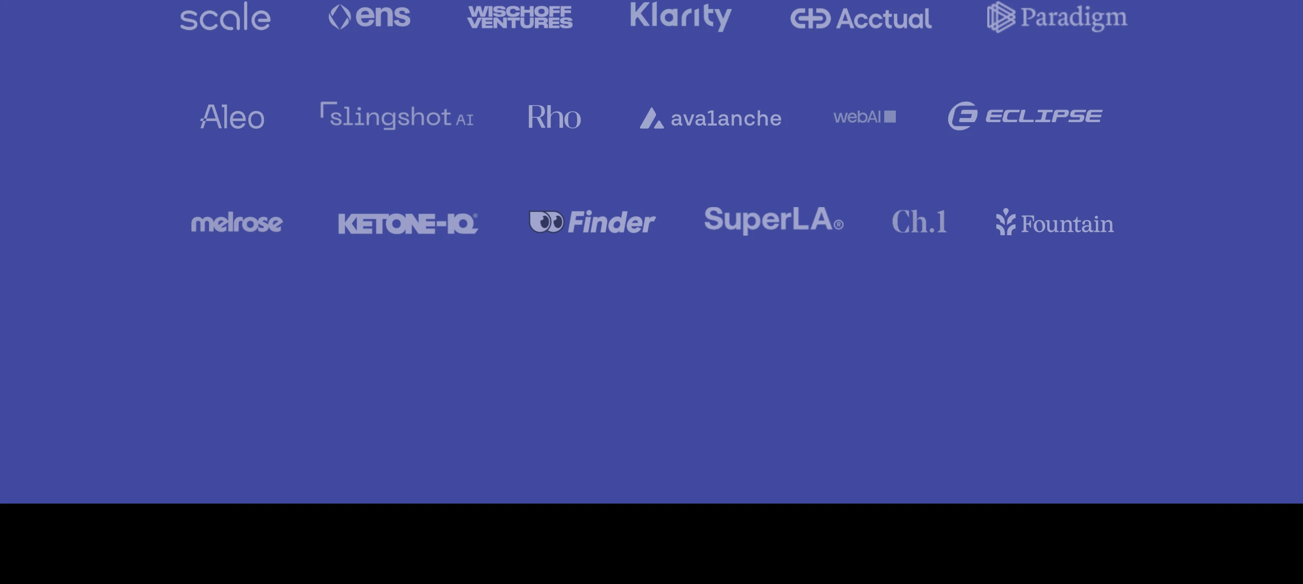 A quiet, orderly grid of monochromatic partner logos resting evenly on a rich periwinkle field.