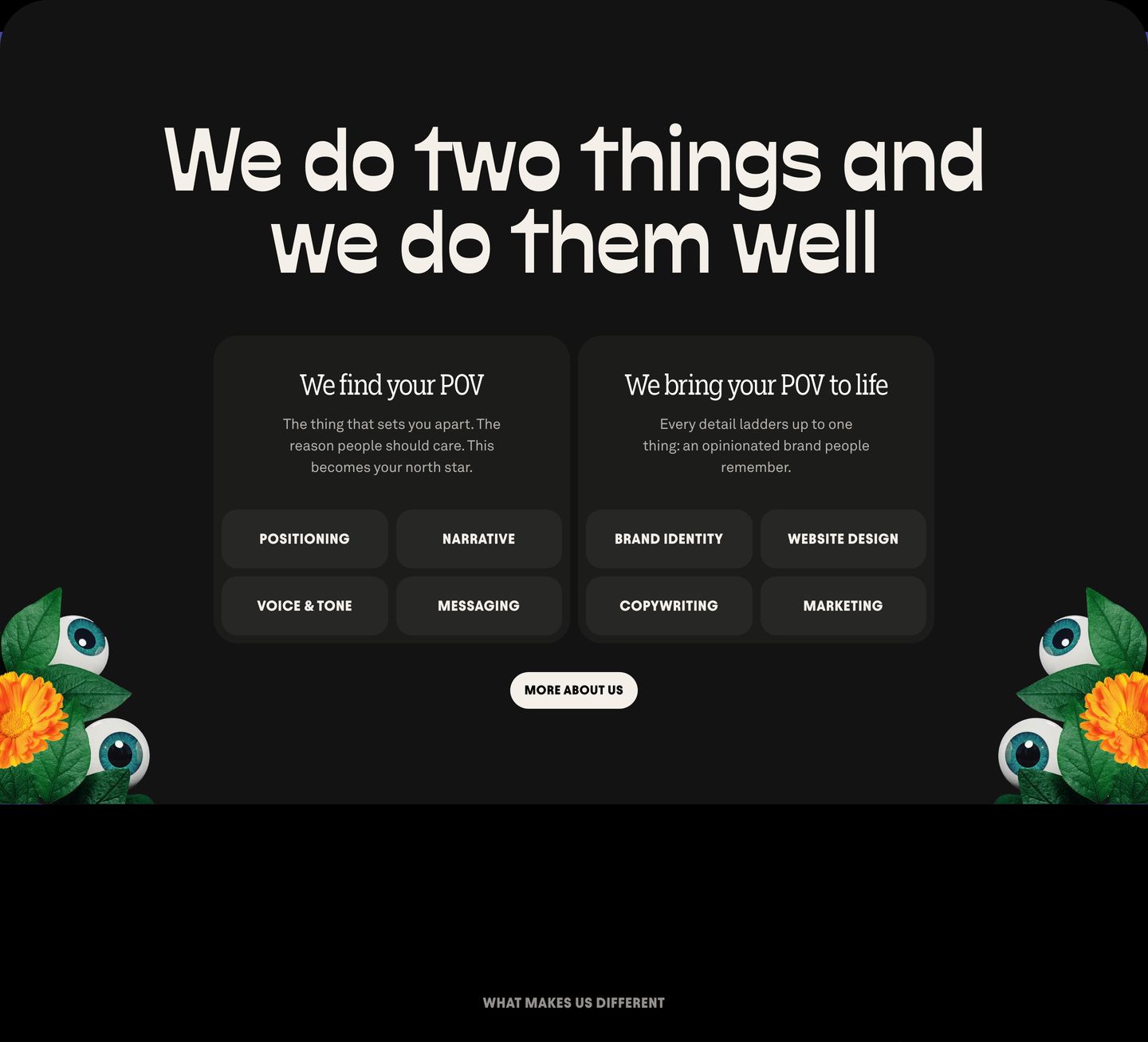 Dark, confident agency service breakdown framed by surreal floral eyeball collages and rounded category tags.