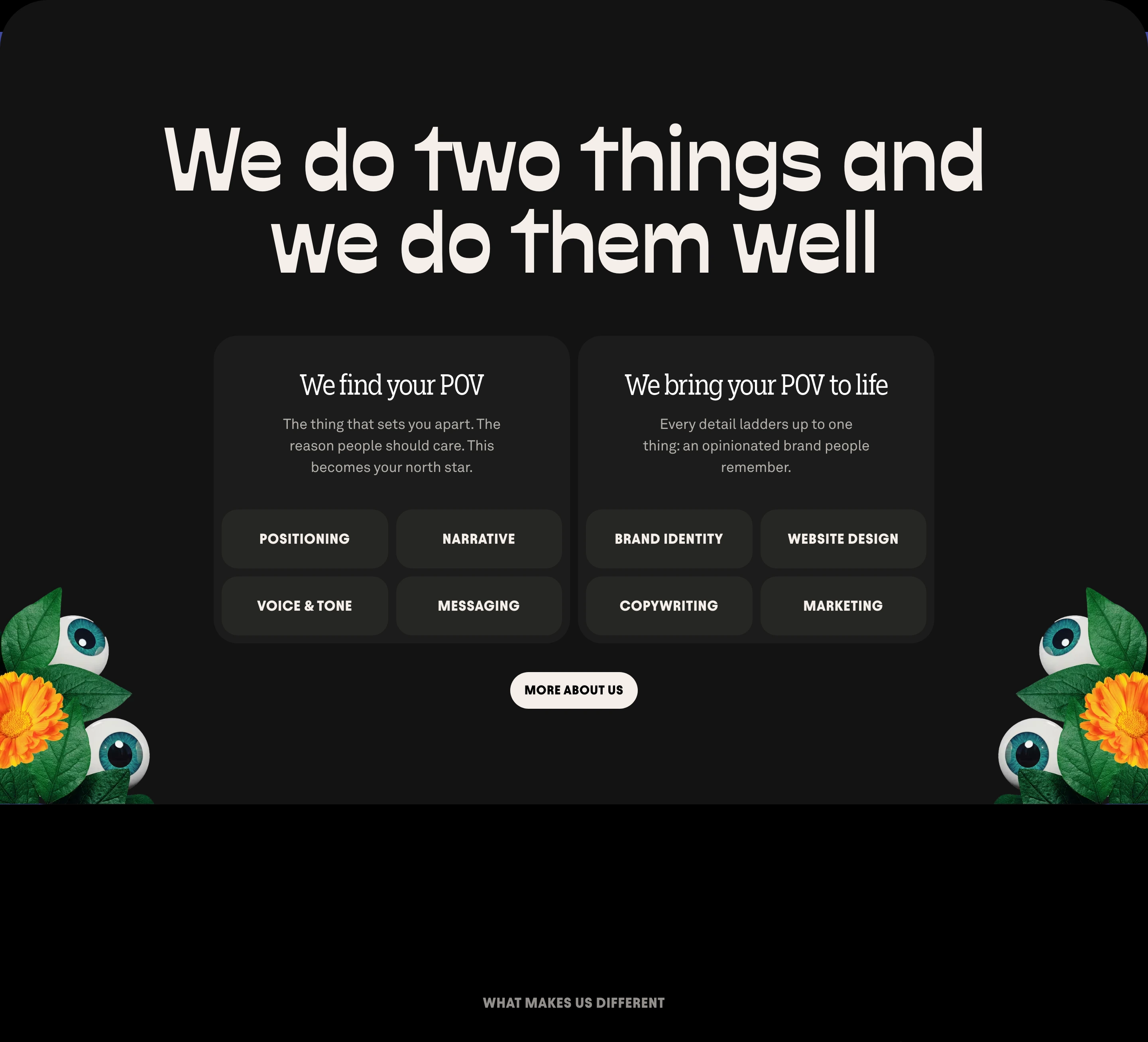 Dark, confident agency service breakdown framed by surreal floral eyeball collages and rounded category tags.
