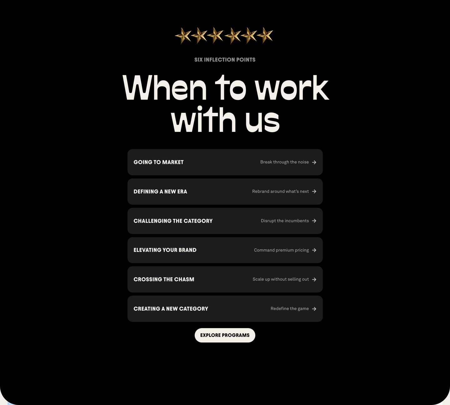 Monochrome, high-contrast dark section anchored by 3D metallic stars, clean editorial typography, and a stacked list of strategic inflection points.