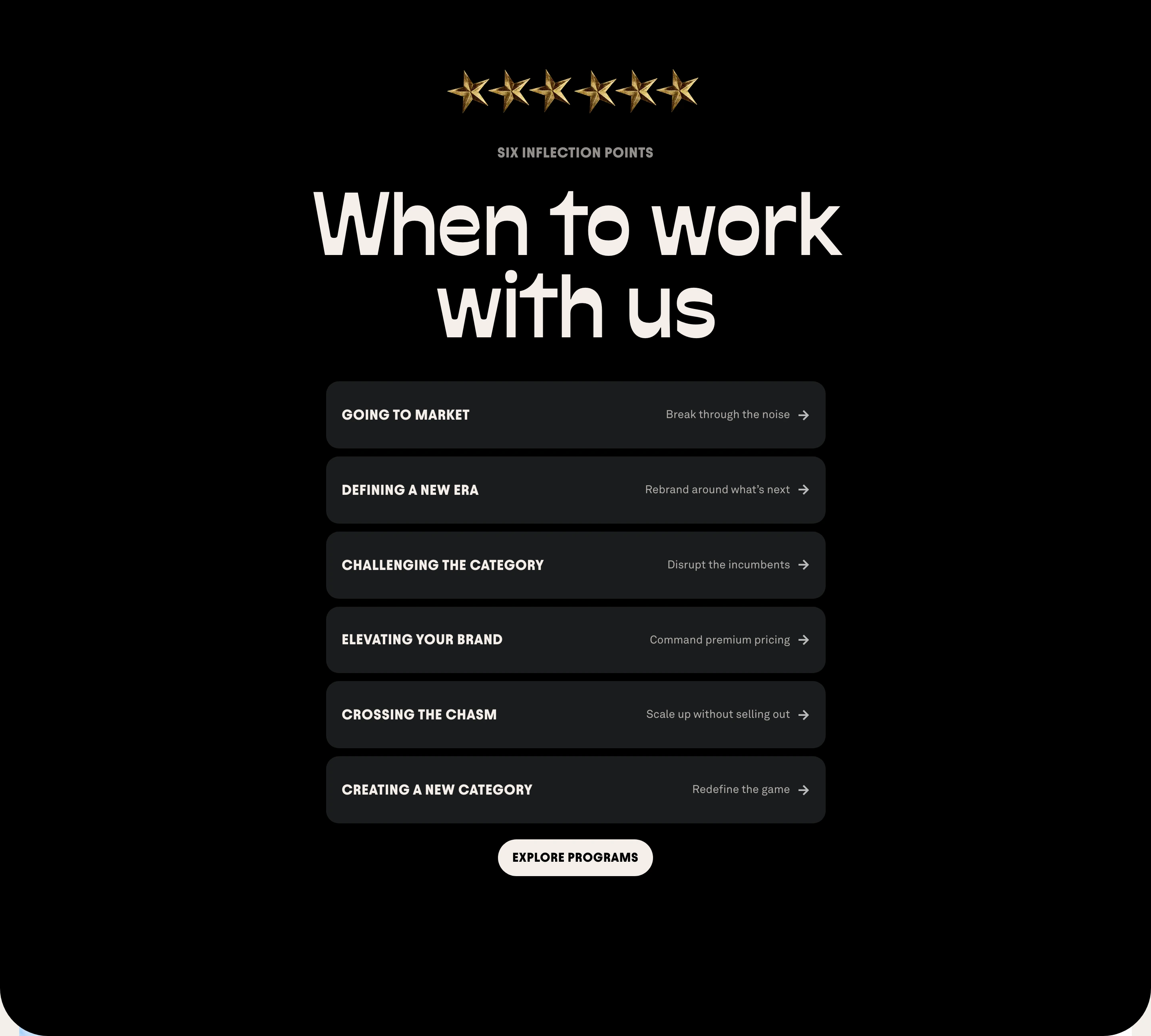 Monochrome, high-contrast dark section anchored by 3D metallic stars, clean editorial typography, and a stacked list of strategic inflection points.