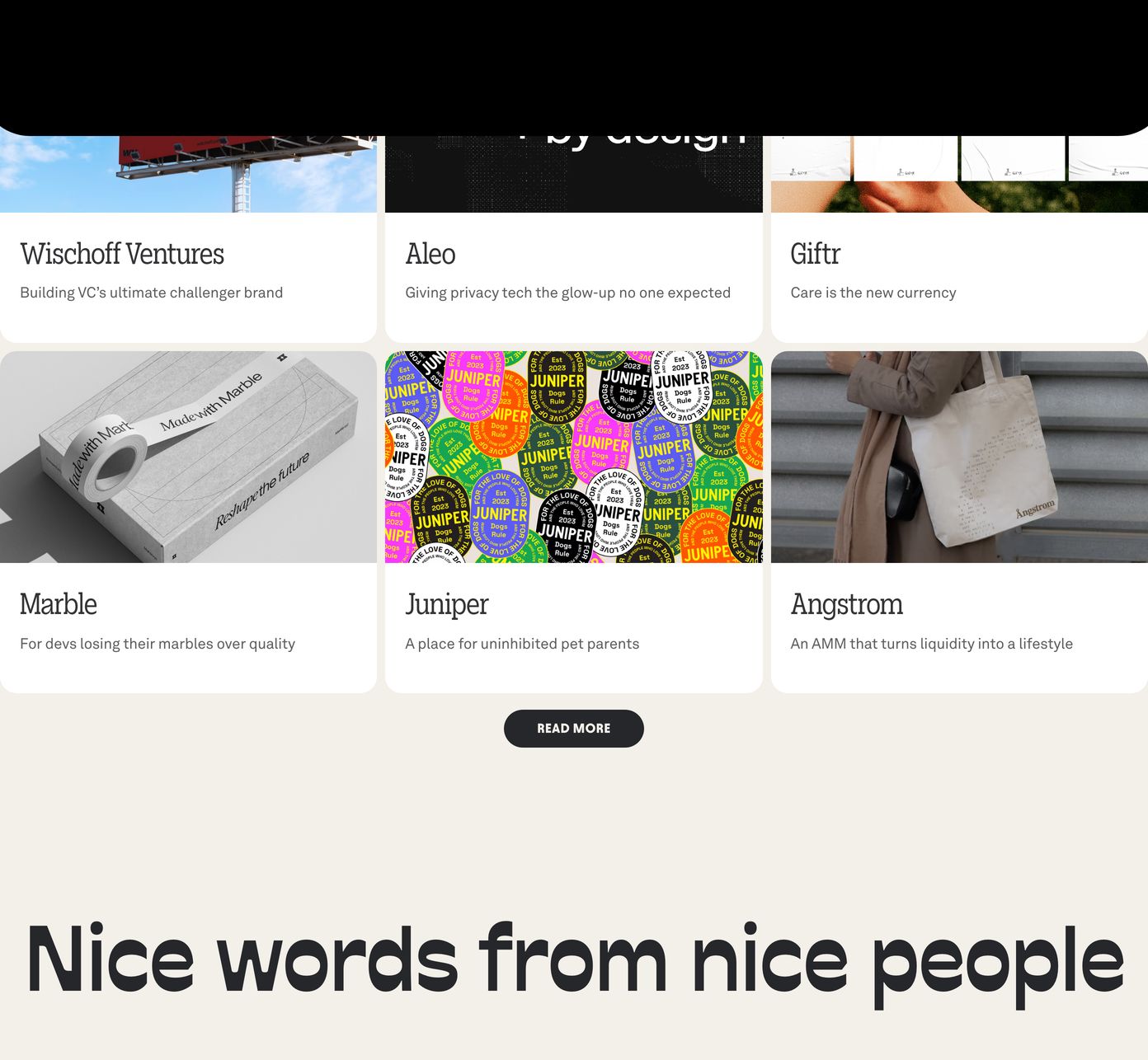 Clean, warm-toned agency portfolio grid pairing tactile case study imagery with crisp serif titles and understated one-line descriptions.