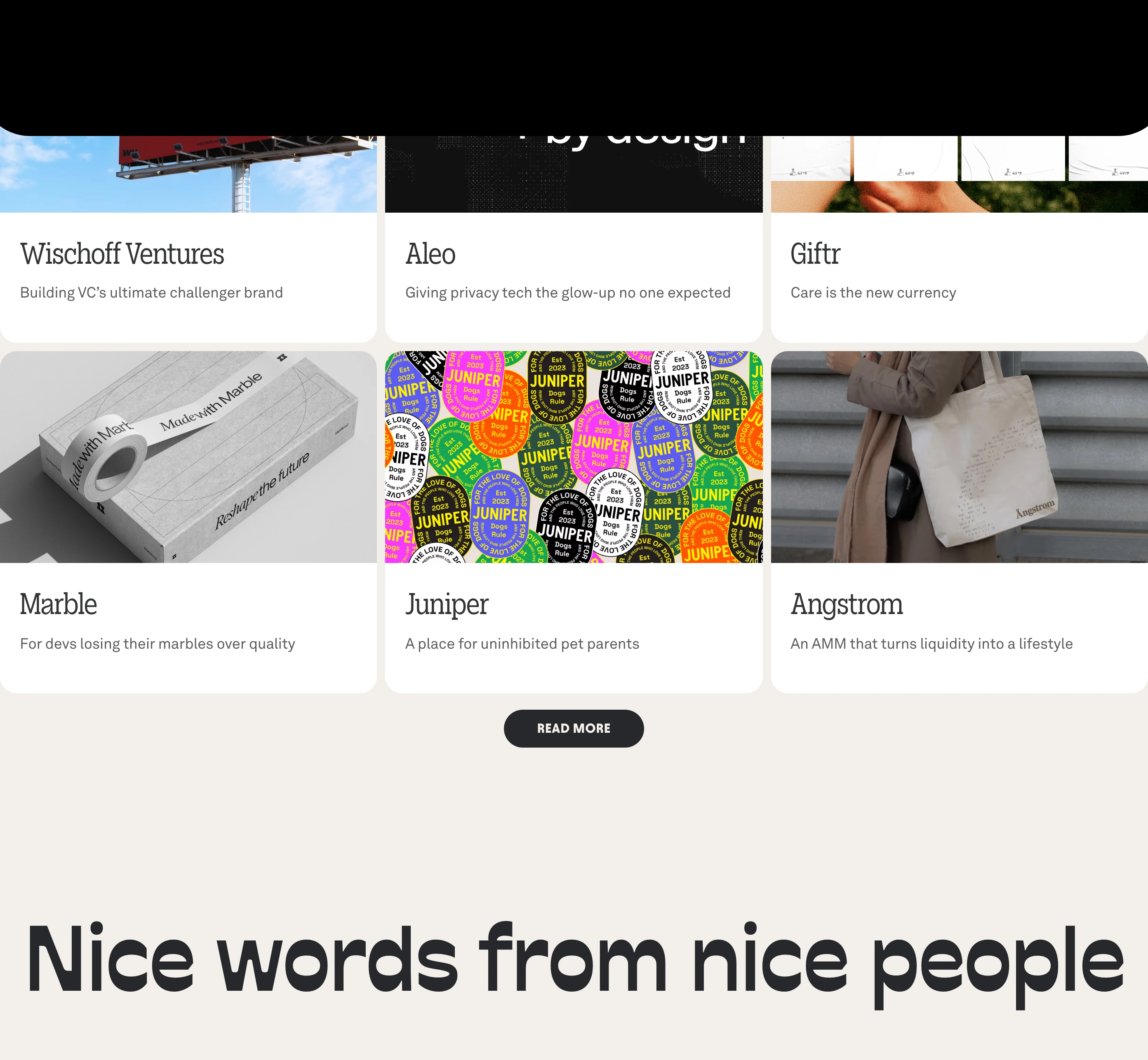 Clean, warm-toned agency portfolio grid pairing tactile case study imagery with crisp serif titles and understated one-line descriptions.