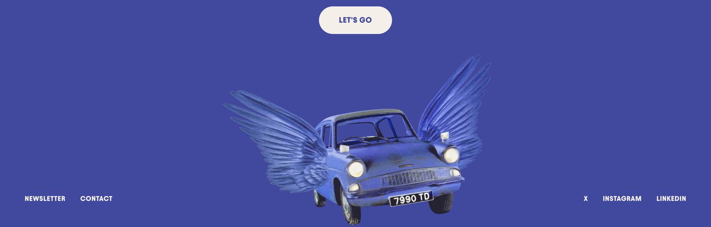 Surreal and whimsical footer featuring a winged vintage car centered against a bold periwinkle field.