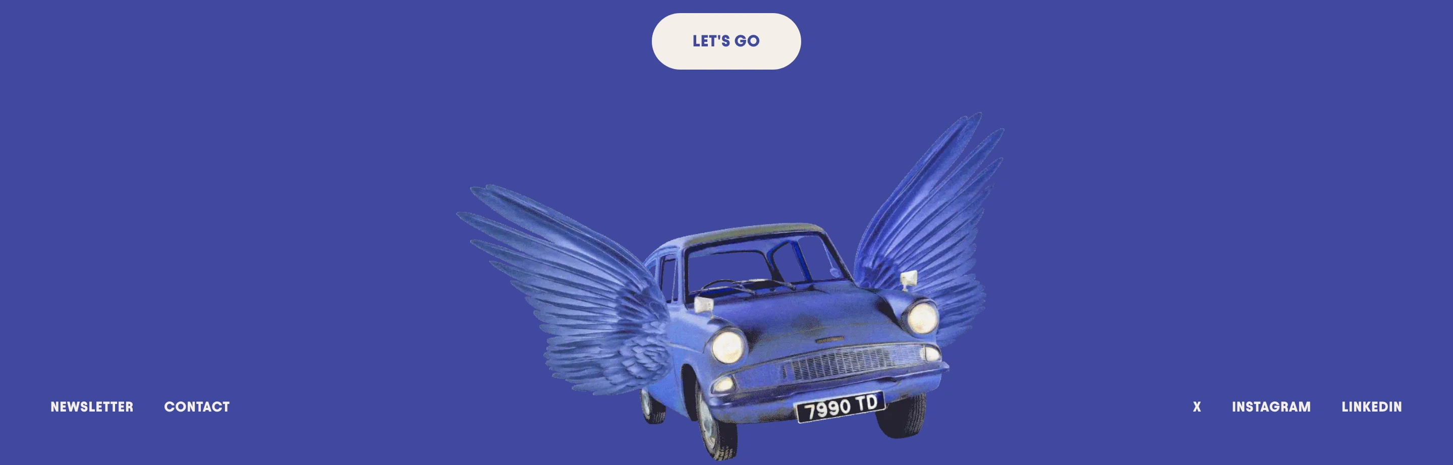 Surreal and whimsical footer featuring a winged vintage car centered against a bold periwinkle field.
