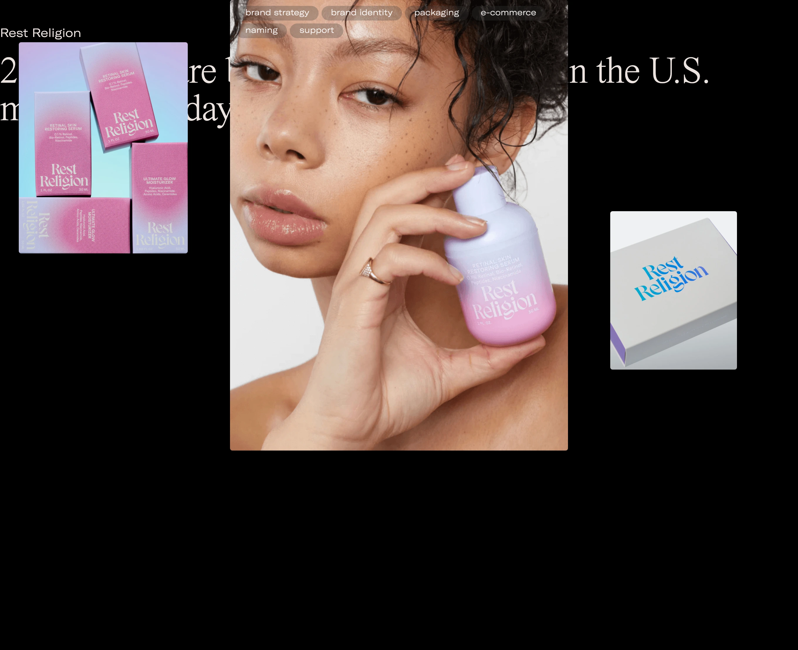 Sensual skincare editorial layering soft close-up portraiture and packaging mockups across deep black space.