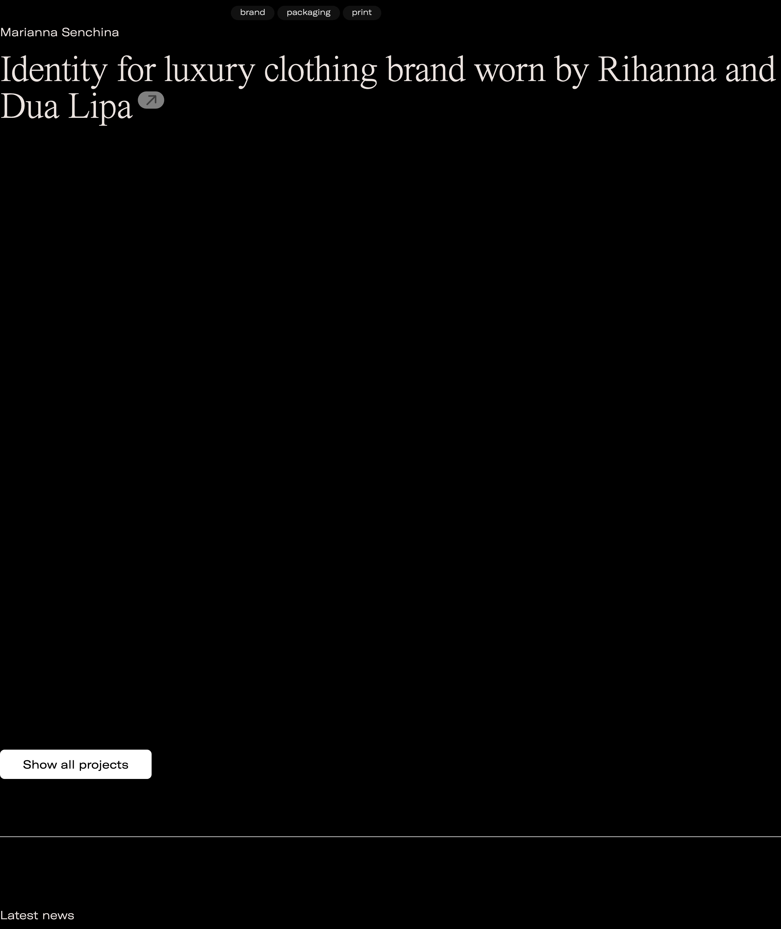 An austere, pitch-black editorial showcase dominated by elegant serif typography, category pills, and vast negative space.