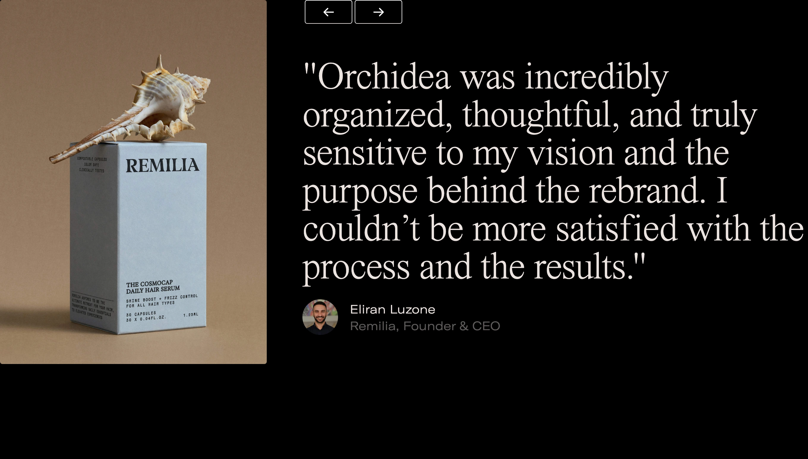An elegant dark-mode testimonial pairing a large high-contrast serif quote with refined still-life packaging photography.