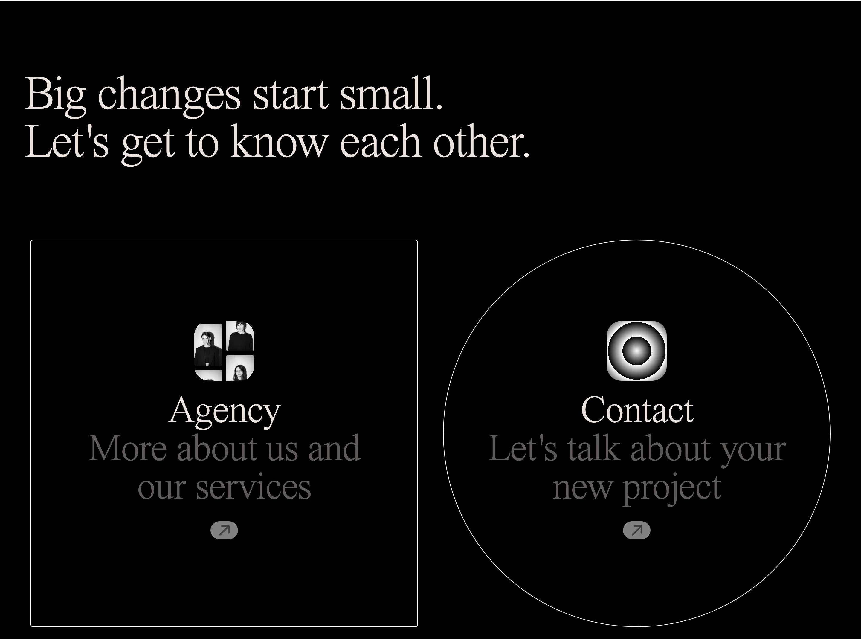 A quiet, dark editorial navigation section featuring refined serif typography and contrasting geometric outlined cards.