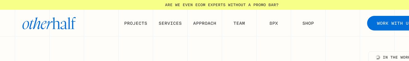 A cheeky header pairing a vibrant neon yellow announcement banner with a crisp, grid-structured studio navigation.