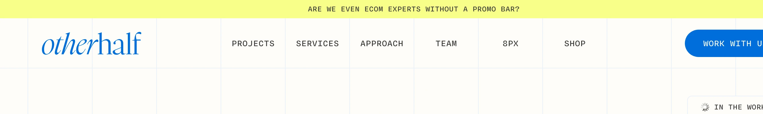 A cheeky header pairing a vibrant neon yellow announcement banner with a crisp, grid-structured studio navigation.
