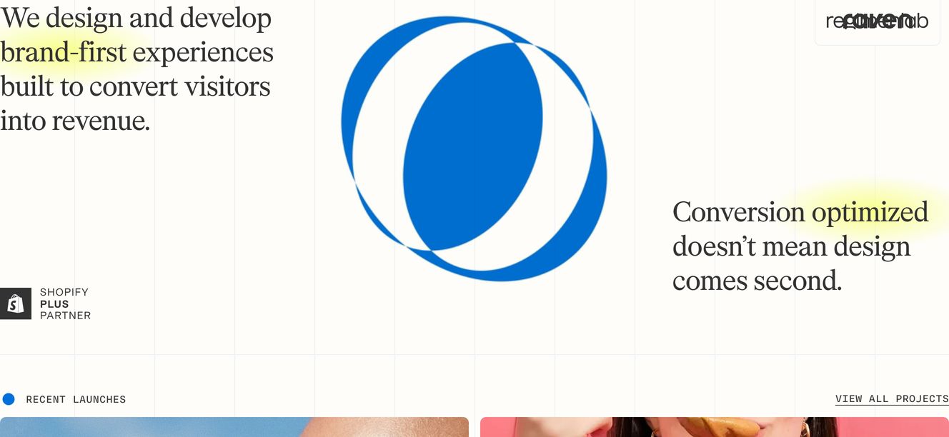 A crisp, airy agency hero with editorial serif typography, a bold blue geometric emblem, and soft yellow highlights across an exposed grid.