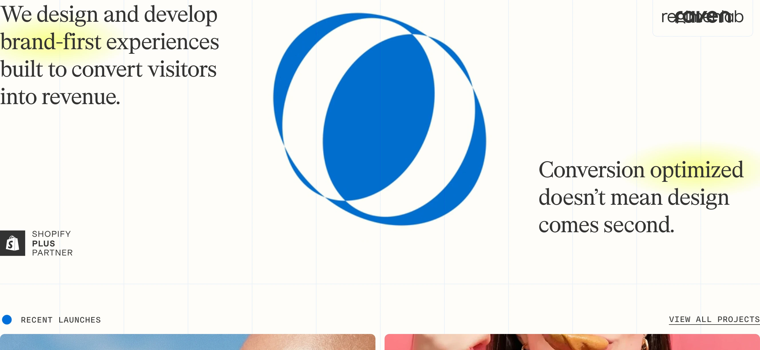 A crisp, airy agency hero with editorial serif typography, a bold blue geometric emblem, and soft yellow highlights across an exposed grid.