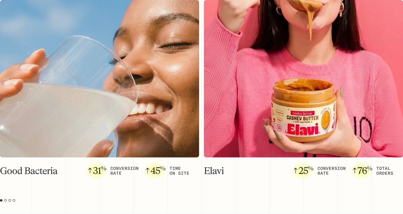 Vibrant DTC portfolio carousel pairing tactile product photography with structured gridlines and glowing metric callouts.
